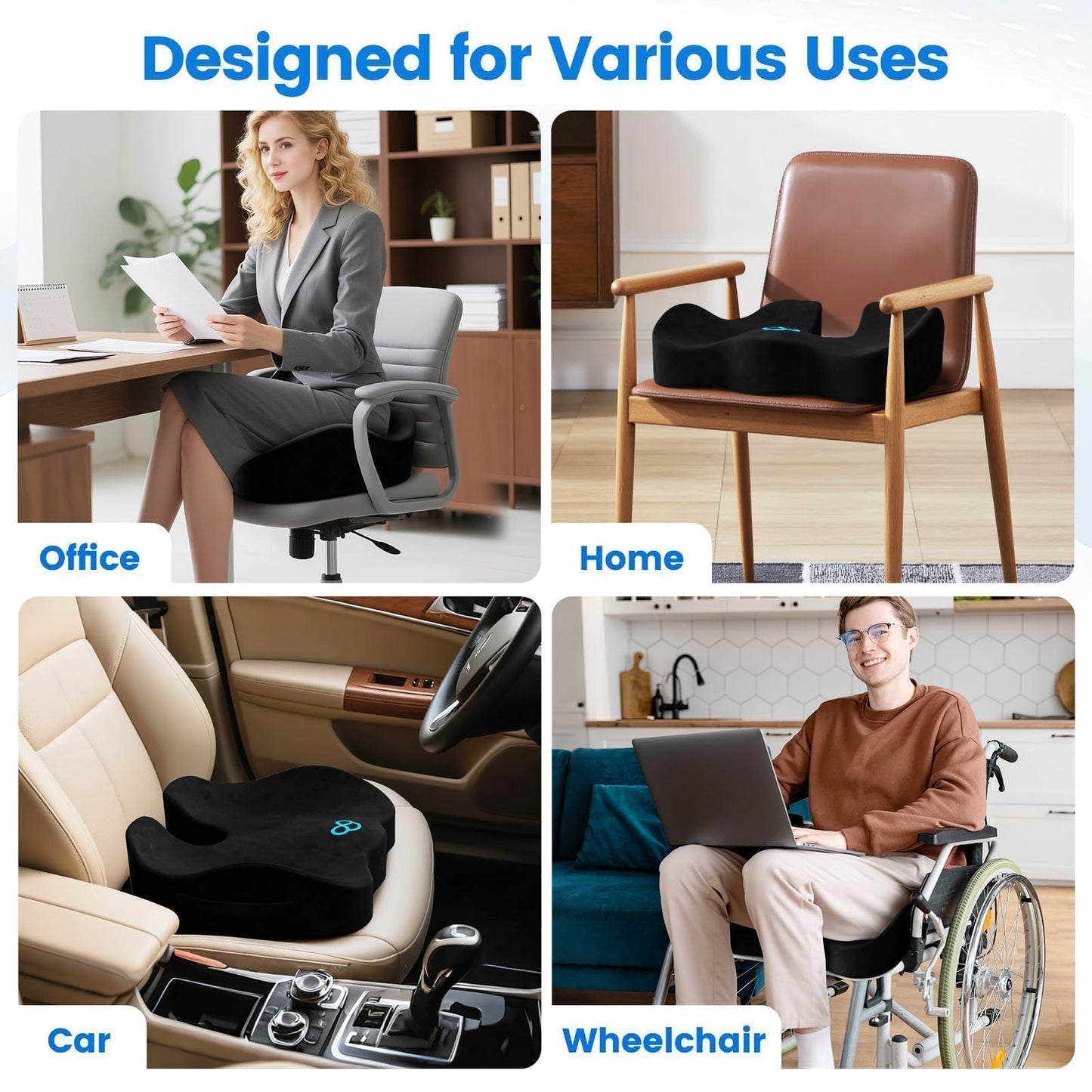 SofterCharm Seat Cushion, Memory Foam Chair Cushions for Tailbone/Sciatica Easing, Chair Pillow with Handles for Car, Office Chair Cushion with Non-Slip Design, Ideal for Post-Surgery Recovery(Black)