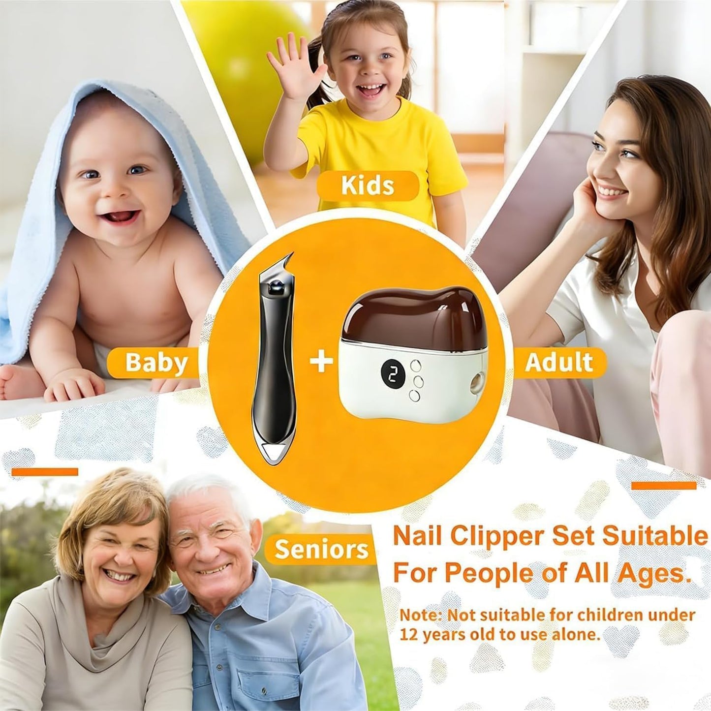 Electric Nail Clippers, 5 in 1 Electric Nail Trimmers for Seniors & Adults, Nail File Toenail Trimmer, 3-Speed Gears, Dust Storage & LED Light, Slanted Nail Clipper Included, Safe for Kids & Baby