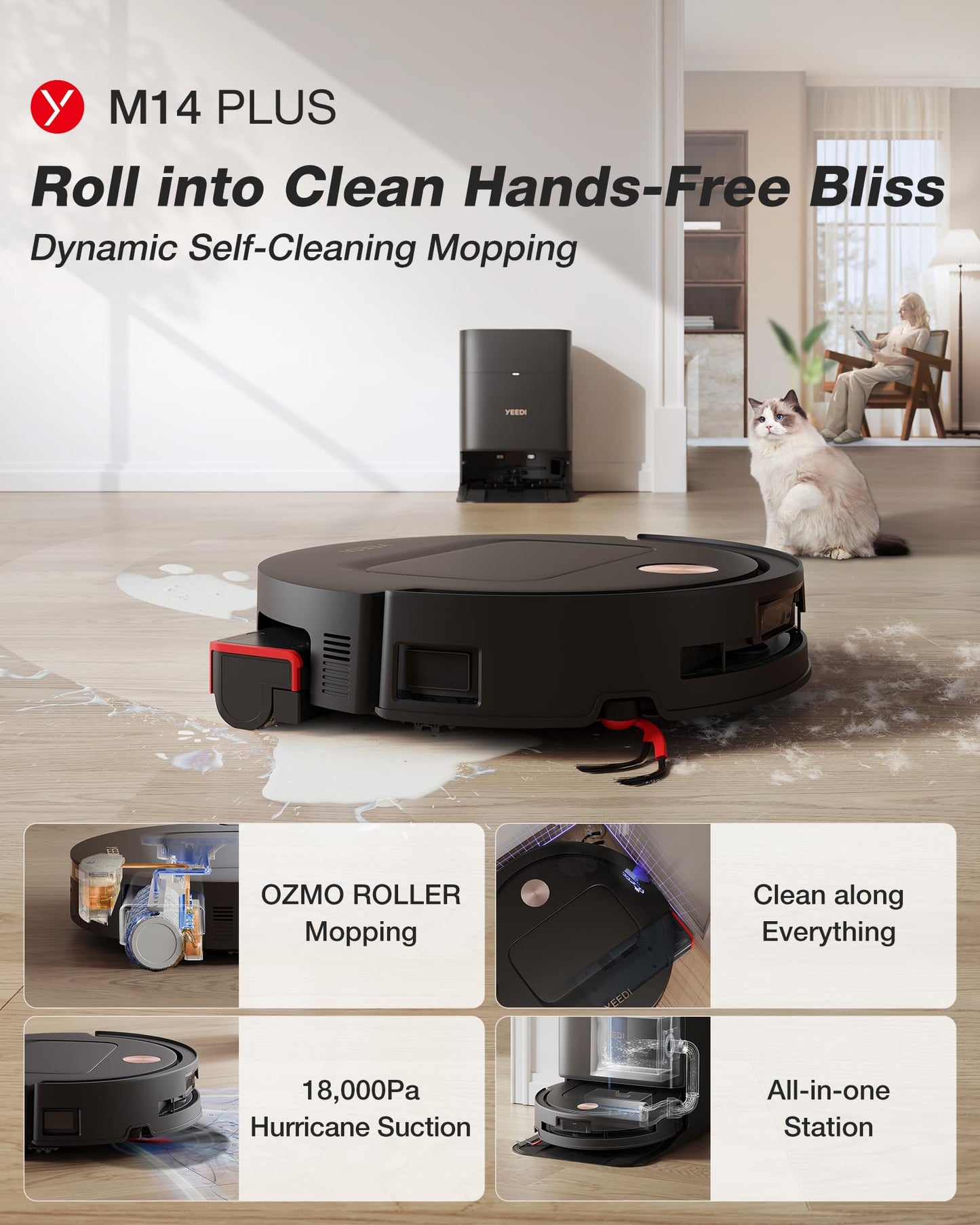 Yeedi M14 Plus Robot Vacuum and Mop, 18,000Pa Suction, OZMO Roller Instant Self-Washing Mopping, 167ā Smart Dynamic Hot Wash & Auto-Dry, ZeroTangle 3.0 Anti-Hair Brush, All-in-One Omni Station, Black