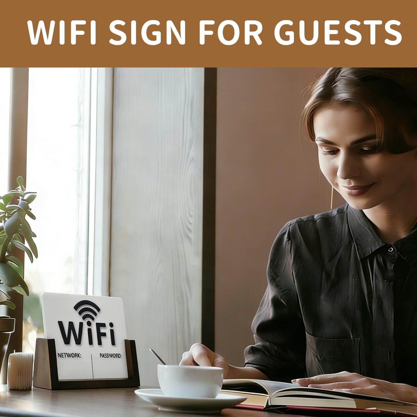 2 Pack Wifi Signs for Guests - Blue & Black Font Wifi Sign with Wooden Base - Custom Wifi Password Sign for Home, Office, Cafe, with 1 Sponge Erasable Marker Pen (6.4" x 4.8")