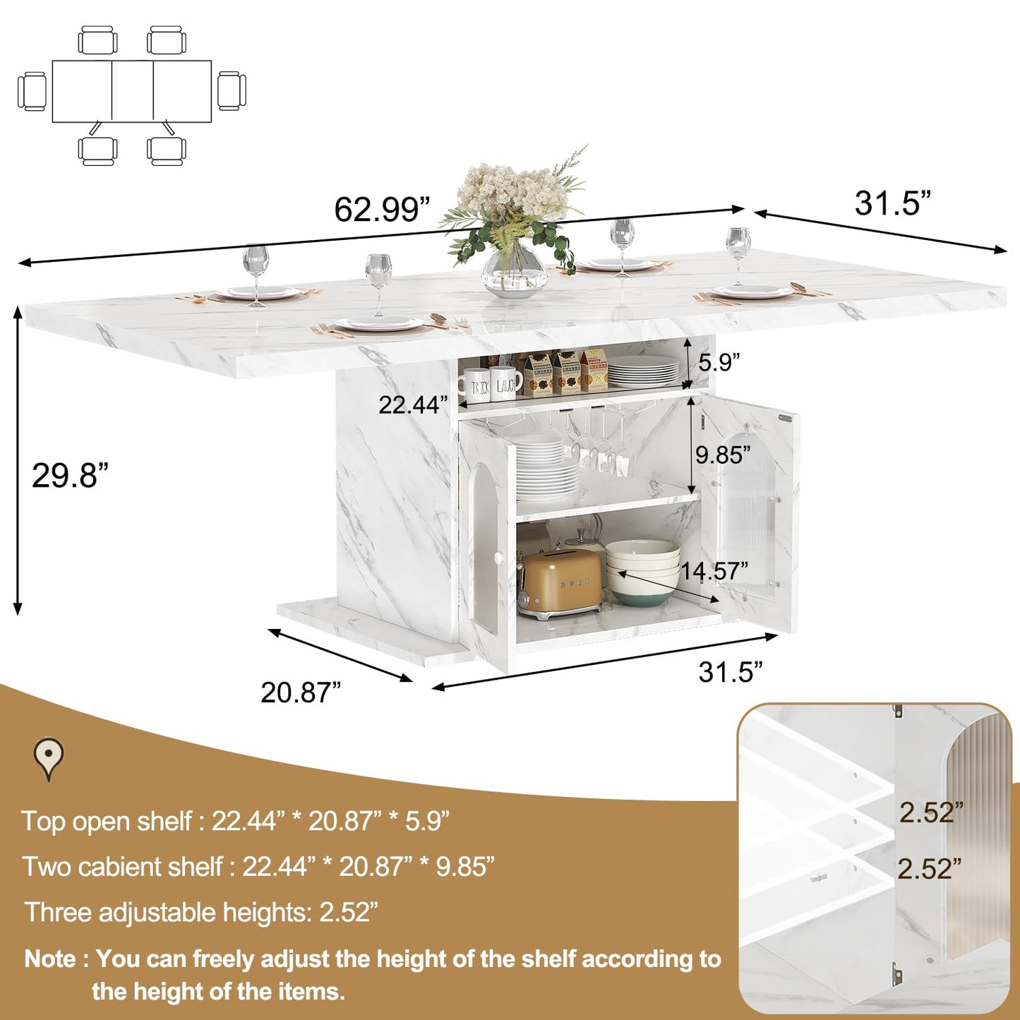 HSH Dining Table for 4–6, 63" Modern Kitchen Dining Room Table with Storage Shelves & Acrylic Door Cabinet,Wood Rectangle Dinner Table with Faux Marble Top for Home Apartment, White Faux Marble