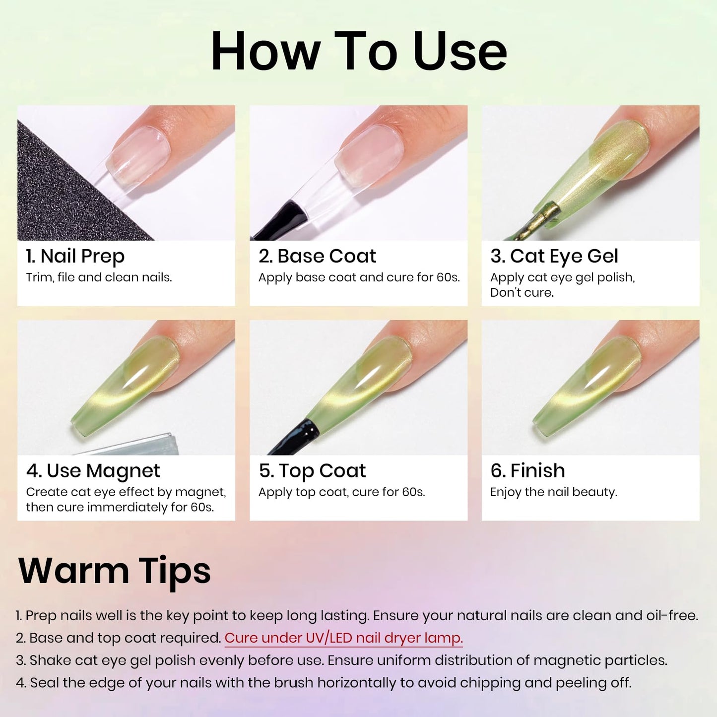 MIZHSE Cat Eye Gel Nail Polish, Fruit Colors Magnetic Gel Polish Set with Magnet, Neon Cateye Effect Green Purple Yellow Soak Off Nail Art Manicure Home Gift for Ladies