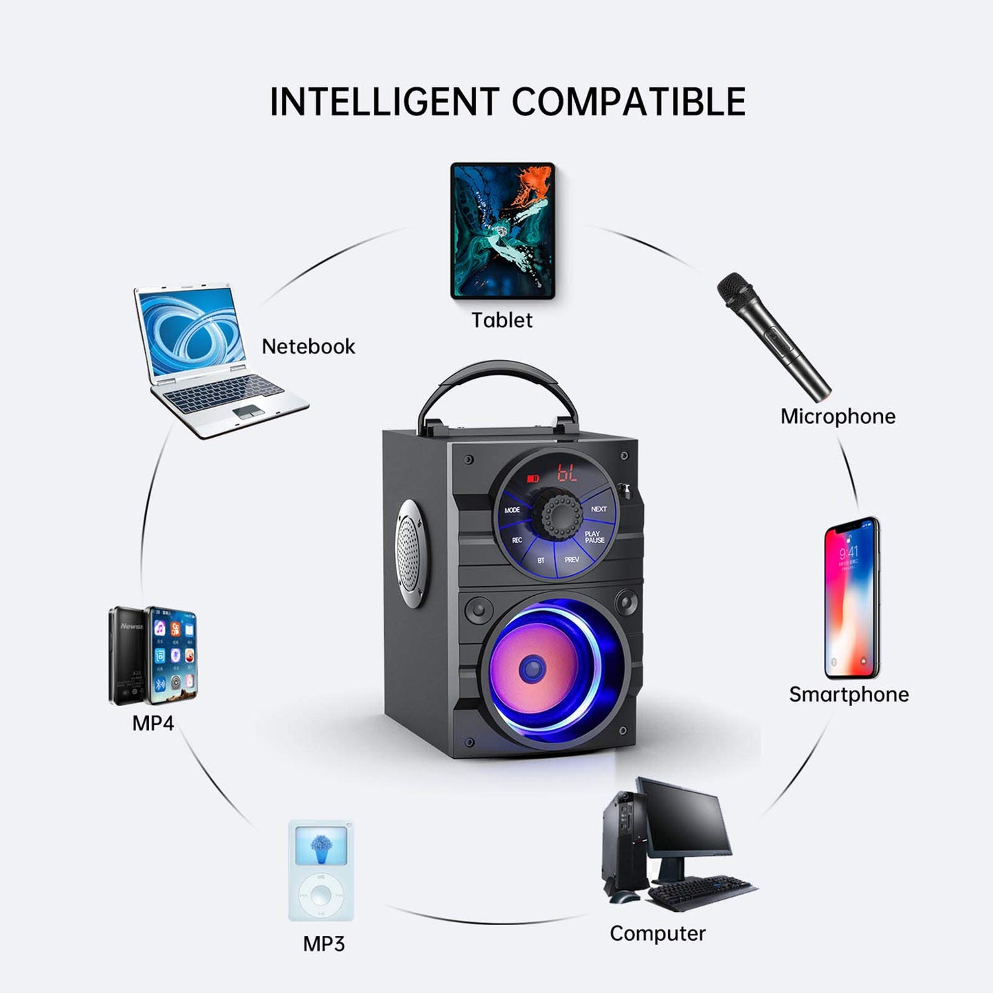Aesackir Portable Big Bluetooth Speakers with Light, Wireless with Subwoofer, FM Radio, LED Lights, EQ, Booming Bass, Bluetooth 4.2 Stereo Loud Outdoor/Indoor Retro, for Home, Camping, Travel, Black