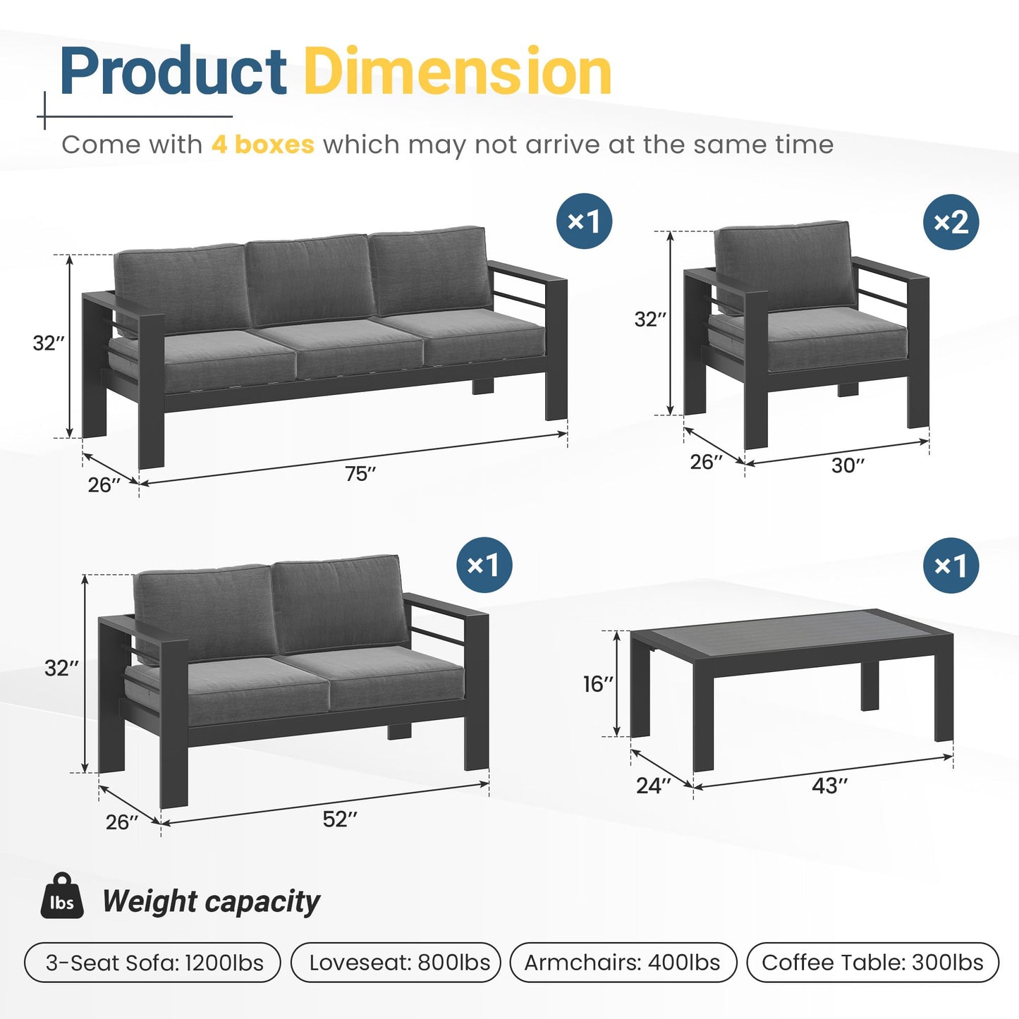 Solaste Aluminum Outdoor Patio Furniture Set, 7 Seats Patio Sectional Sofa with 5" Thick Cushion, Outdoor Patio Set with Coffee Table for Porch, Backyard, Deck, Yard, Grey