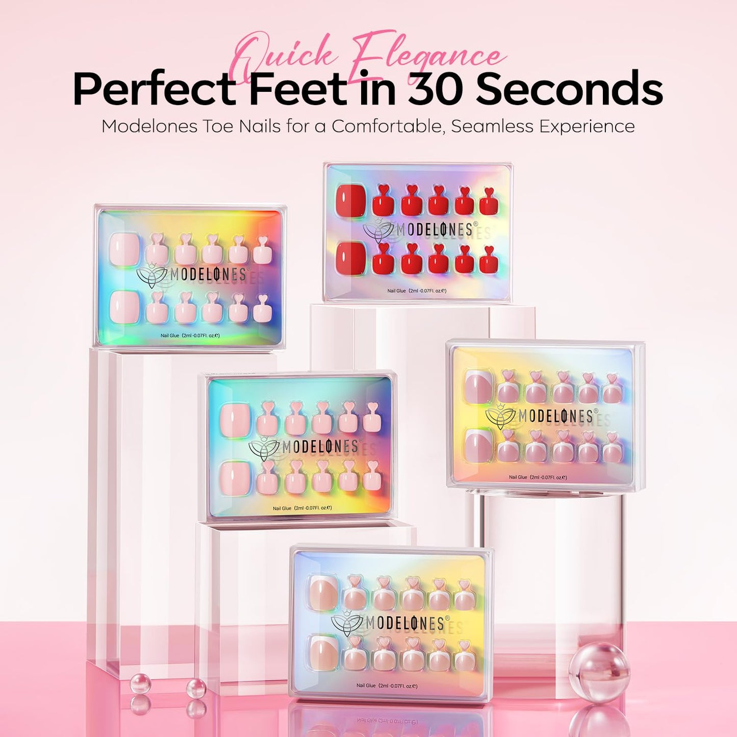 Modelones Press on Toenails Short, Pink French Tip Toe Nails Square, Reusable Nail Kit with Nail Glue Adhesive Tabs Mini Nail File, Toe Nails 36Pcs 18Sizes, Summer Spring Women Girl Gift