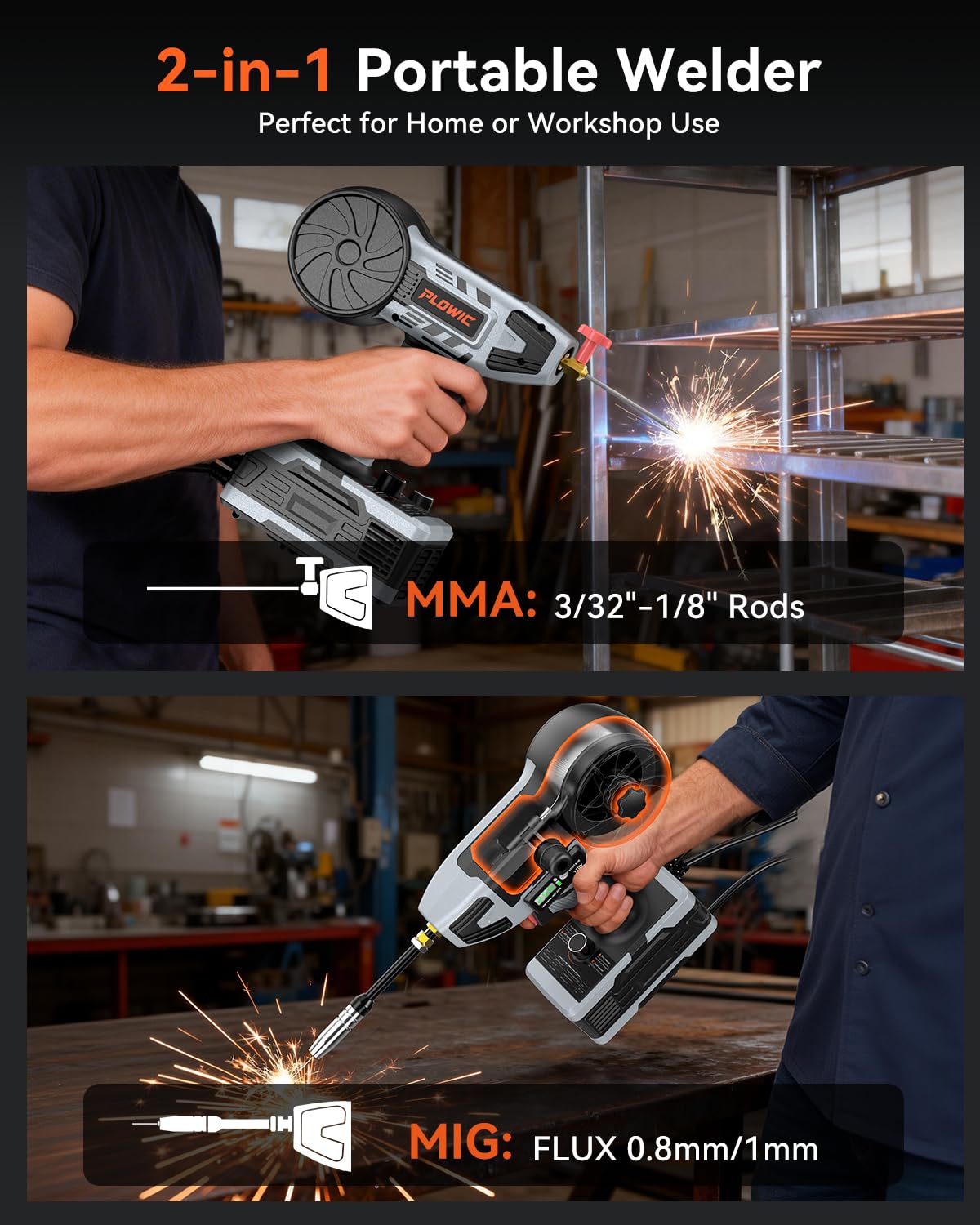 2 in 1 Handheld MIG and Stick Welder: PLOWIC 250A Portable Welding Machine, 110V Gasless Flux Core Wire Feed & MMA ARC Welder Gun for Home DIY, Repair, Farm - for .032"/.040" Wire and 3/32"-1/8" Rod