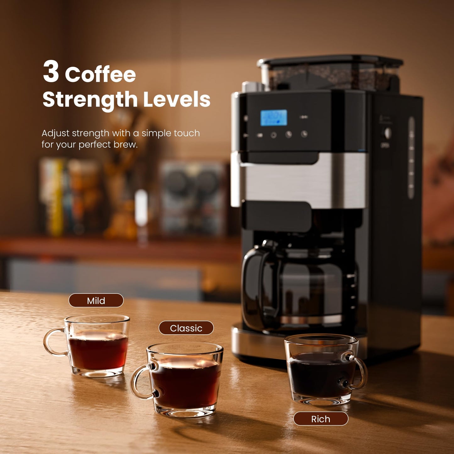 Kismile 10-Cup Digital Drip Coffee Maker with Built-In Grinder, Programmable, 12H Timer, Keep-Warm Function, Customizable Strength & Grind Size, Coffee Machines with Smart LED Touchscreen