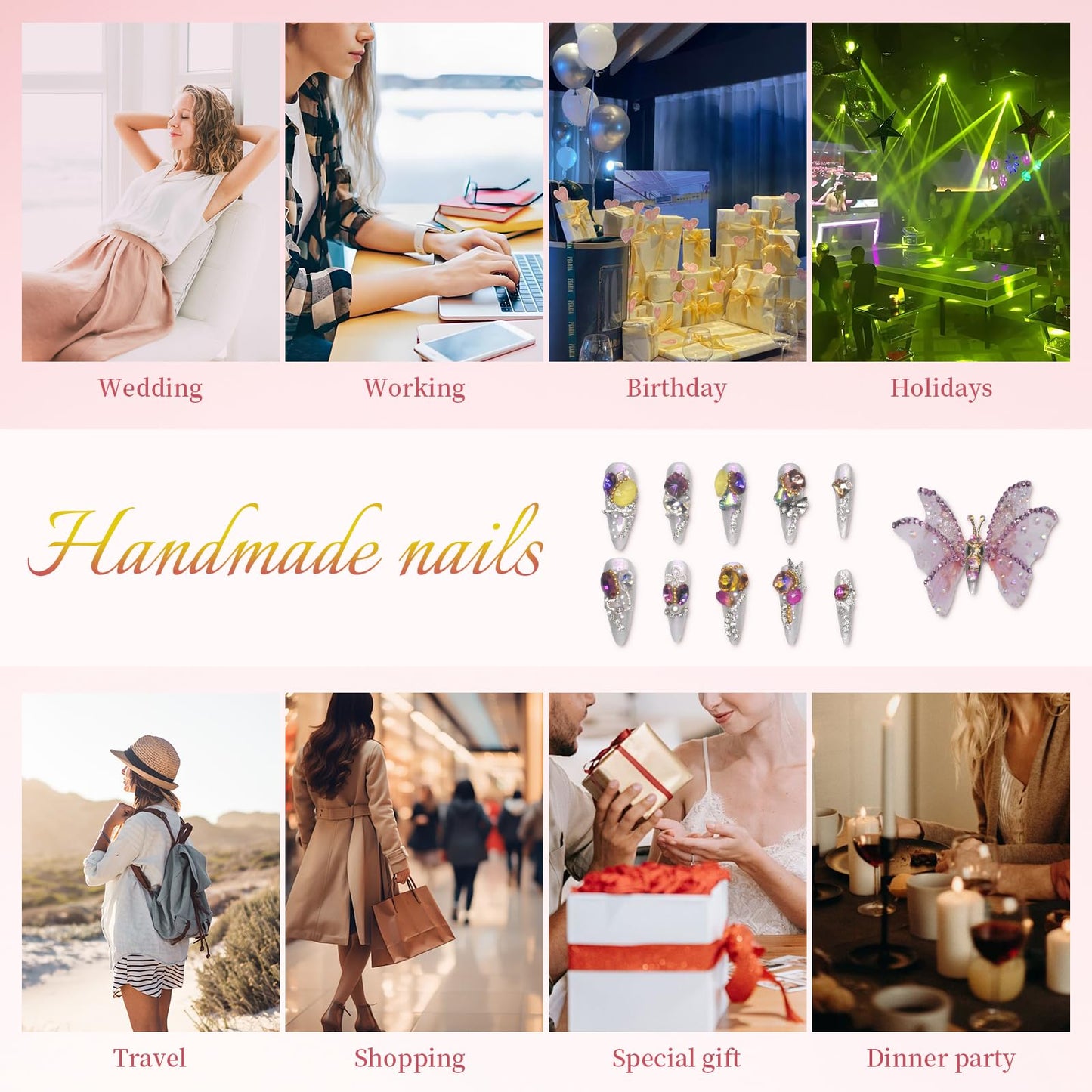 2Packs (20Pcs) Handmade Nails Mystery Box Random Press on Nails 40mm Long Manicure Charms Nails Art Nail Kit for Women Party Holiday Photo Wedding Size M