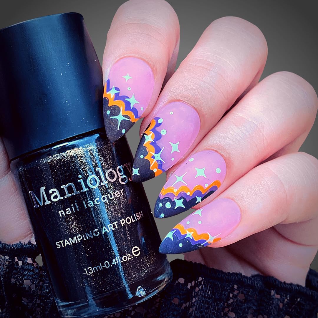 Maniology Boo-gie French Nail Stamping Starter Kit | Halloween French Tip Nail Art with Ghosts, Bats, and Spooky Chic DIY Manicure Designs (Stamping Plate, Polish, Top Coat, Stamper & Scraper Card)