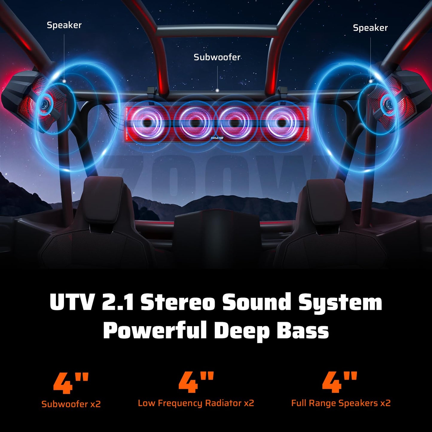 Ehaho 2.1CH Stereo UTV Sound Bar (Subwoofer) and Speakers, 26 Inch Bluetooth ATV Soundbar with RGB Lights, Waterproof Golf Cart Sound Bar, Marine Sound bar Compatible with SXS Polaris RZR Can-Am