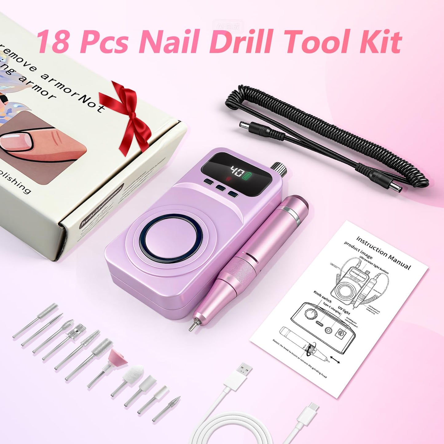 Lucidora Professional 40000RPM Electric Nail Drill – Cordless Rechargeable Nail File with UV Nail Lamp & Max 10H Battery Life | Multifunctional Nail Art Tools Kit for Gel Acrylic Removal & Home Salon