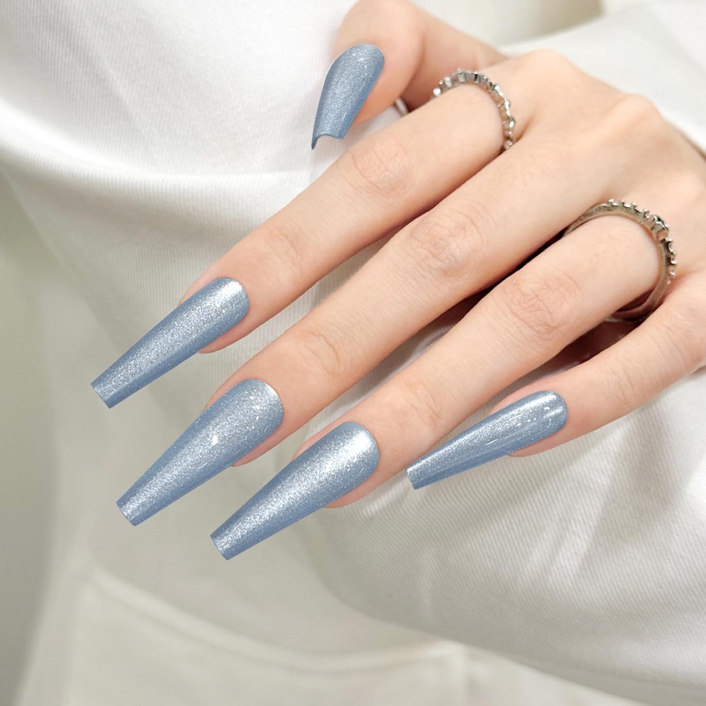 Light Blue Cat Eyes Press On Nails,12 Sizes - 24 Pcs Soft Gel Blue Long Coffin Fake Nails Kit with Nail Glue, Natural Reusable Stick On False Nails for Women and Girls SK1055
