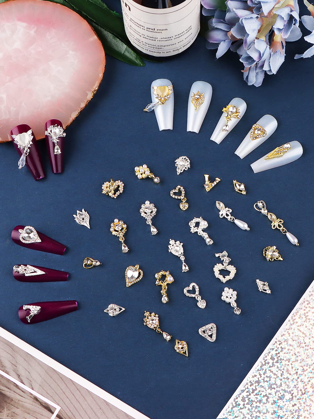36 Pcs Luxury Nail Charms, TOROKOM 3D Dangle Nail Art Rhinestones Gold Silver Heart Pearl Crystal Gems Nail Diamond for Girl Women DIY Nail Design Craft Jewelry Making