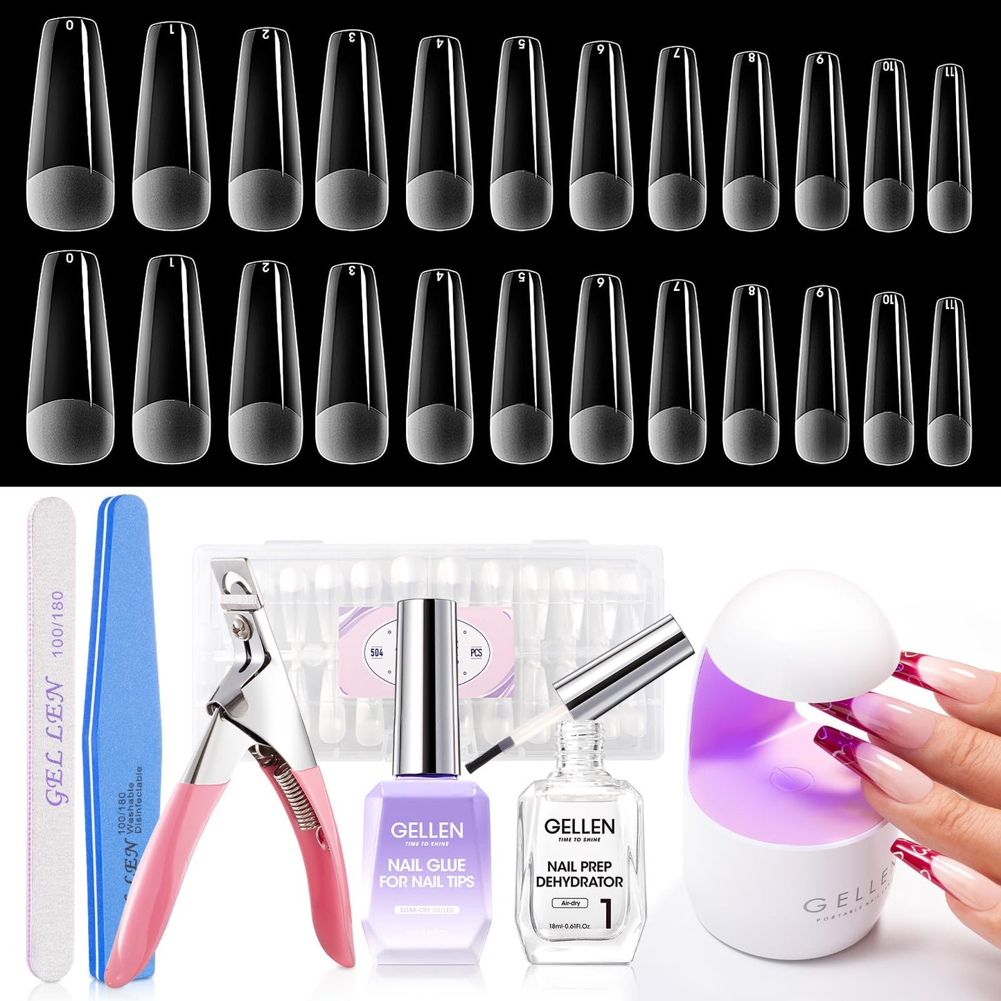 Gellen Nail Tips and Glue Gel Kit, 504Pcs Coffin Shape Half Matte Nail Tips, 7 in 1 Gel Nail Glue, Nail Dehydrator, Uv Led Lamp, Nail Clipper & Files, DIY Nails Art Manicure Gift
