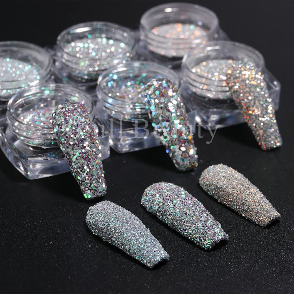 Reflective Nail Powder - 6 Boxes Sparkling Diamond Glitter for Nails, Iridescent Sequins, Holographic Super Bright Pigment Dust, Nail Art Decor