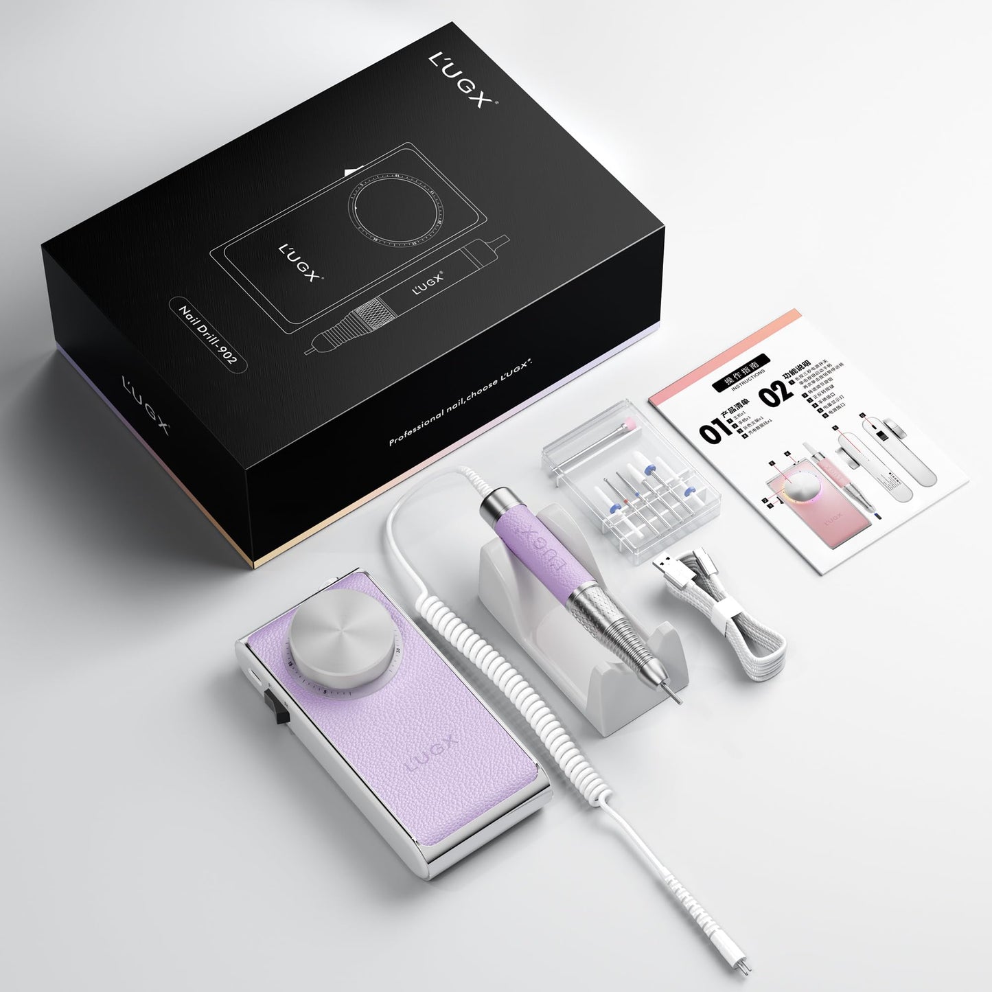 L'UGX Professional Nail Drill 30000RPM, Cordless Rechargeable Electric Nail File for Acrylic Nails Gel Polishing, Efile Nail Kit for Manicure Pedicure, Low Noise Low Vibration, 7Pcs Drill Bits, Purple