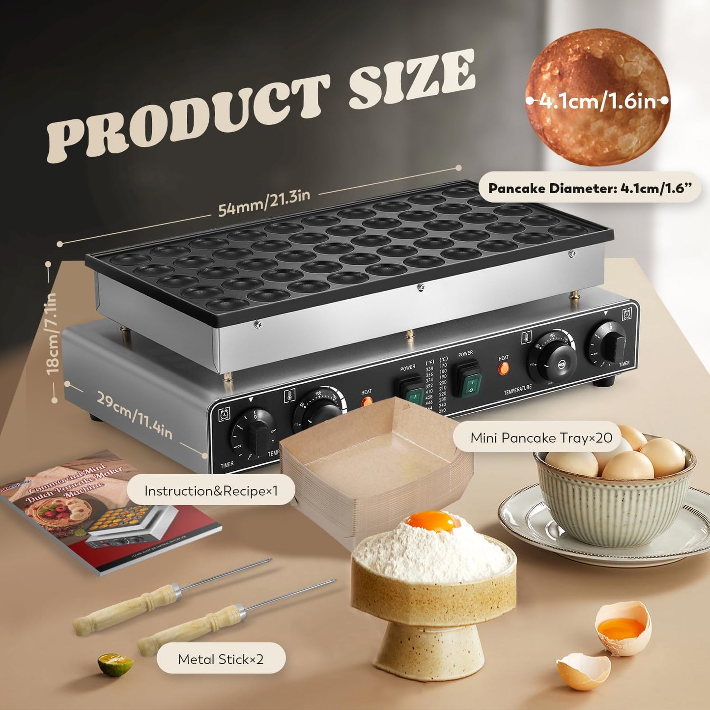 Moongiantgo Mini Dutch Pancake Maker 50PCS, Commercial Non-stick Pancake Baker Machine 50-300℃ Temp and 0-5 Time Control Electric Muffin Maker Stainless Steel for Home and Restaurants, 110V