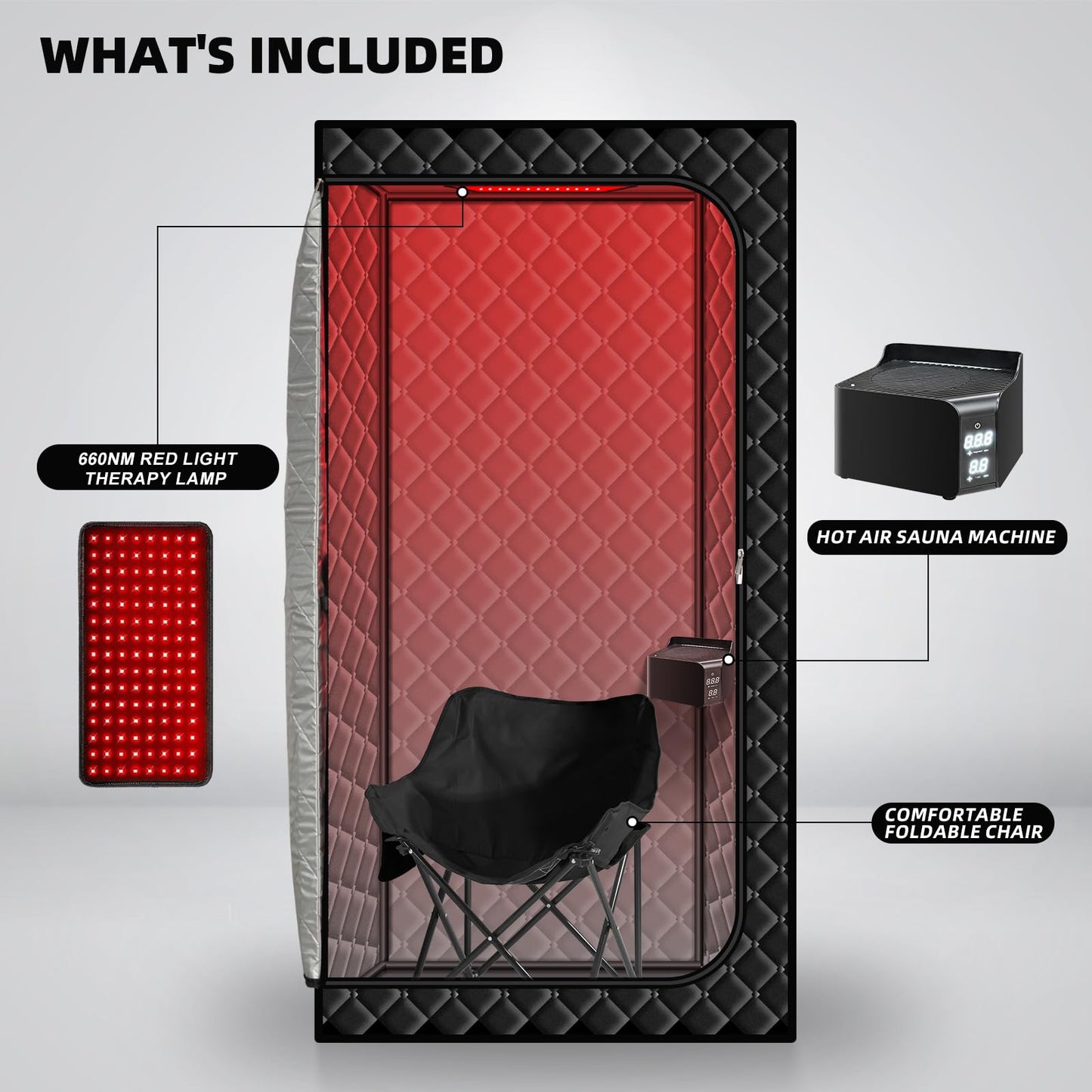 Gollense Red Light Sauna with Hot Air Machine, Portable Sauna for Home with 660nm Infrared Red Light Therapy Lamp, One Person Dry Sauna Box, 6ft-Tall Personal Thicken Tent with Foldable Chair