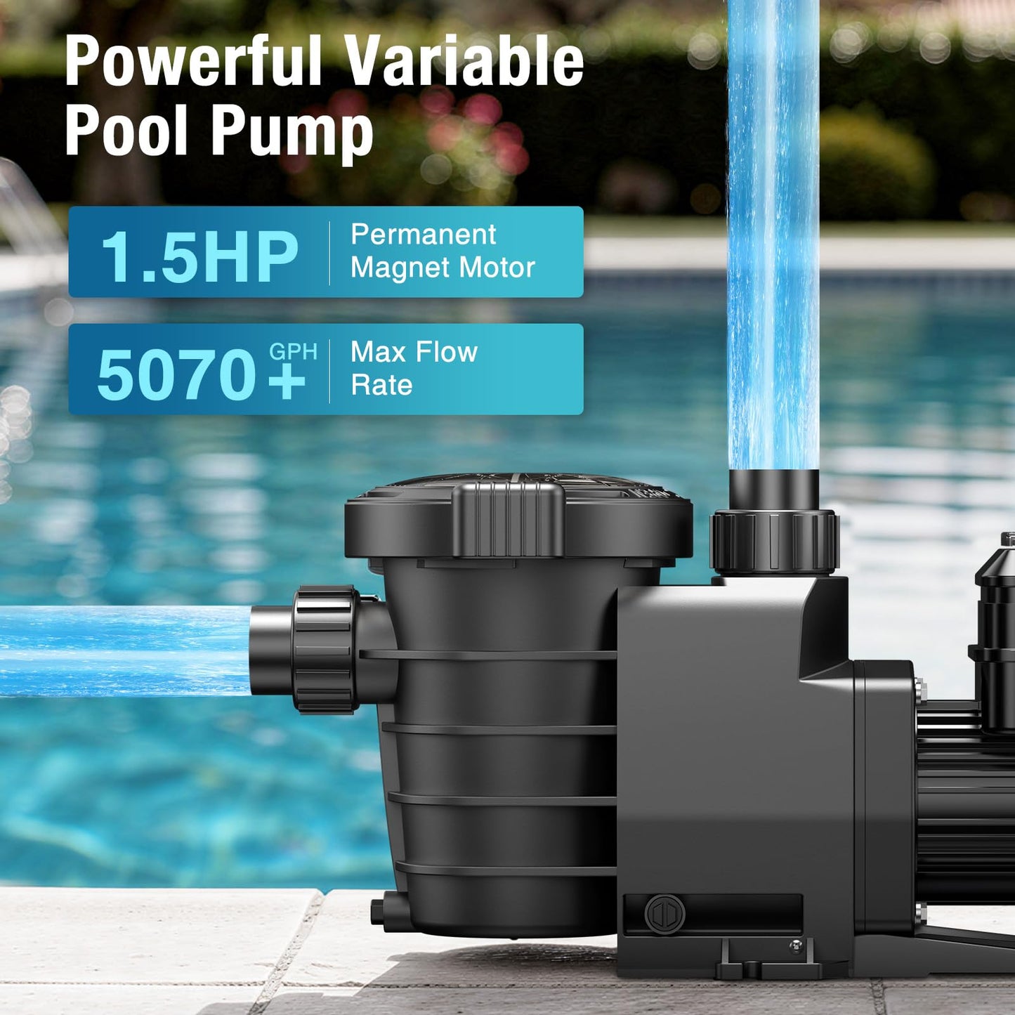 CrestWave Smart Variable Speed Pool Pump 1.5HP, Smart Life APP Control, 38 dB-Quiet, Energy Saving, AC 110V/230V, Built-in Timer, 5070 GPH High Flow, 1.5" & 2" Adapter Pool Pump for In/above Pool