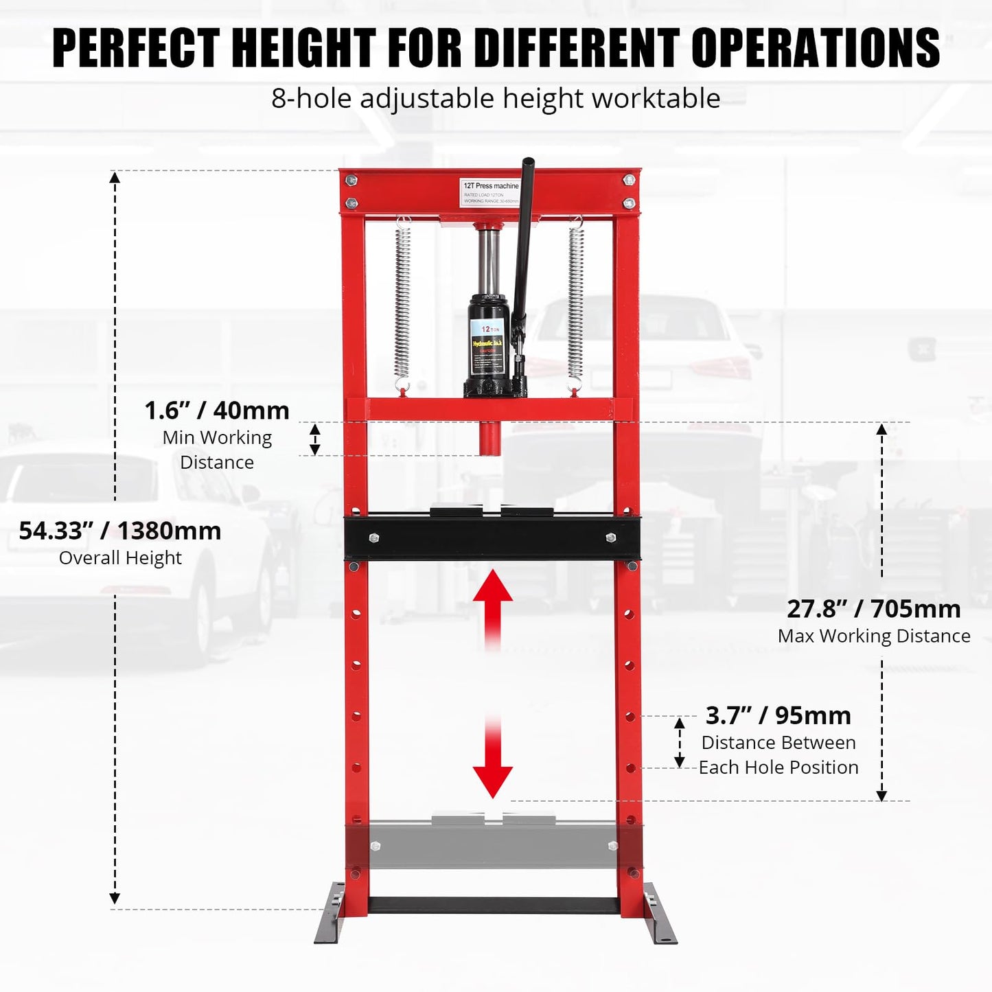 12 Ton Hydraulic Press, H-Frame Garage Floor Shop Press with Press Plates, Heavy-Duty Adjustable Hydraulic Shop Press, for Auto Bending Stamping, Red