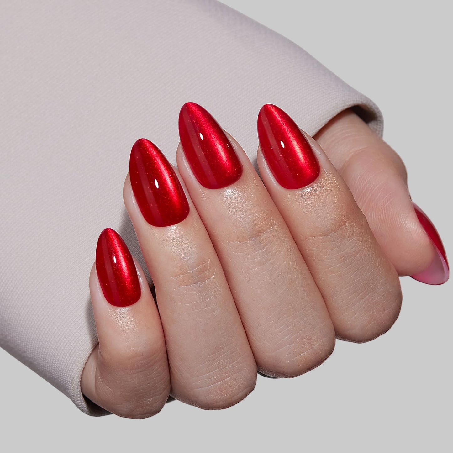 VSALON Short Almond Press on Nails - Red Cat Eye Glossy Fake Nails, Reusable Spring Summer Bright Red Opaque Salon Quality Gel Glue on Nails Kit with Cuticle Oil - 32 PCS Stick on Nails in 16 Sizes