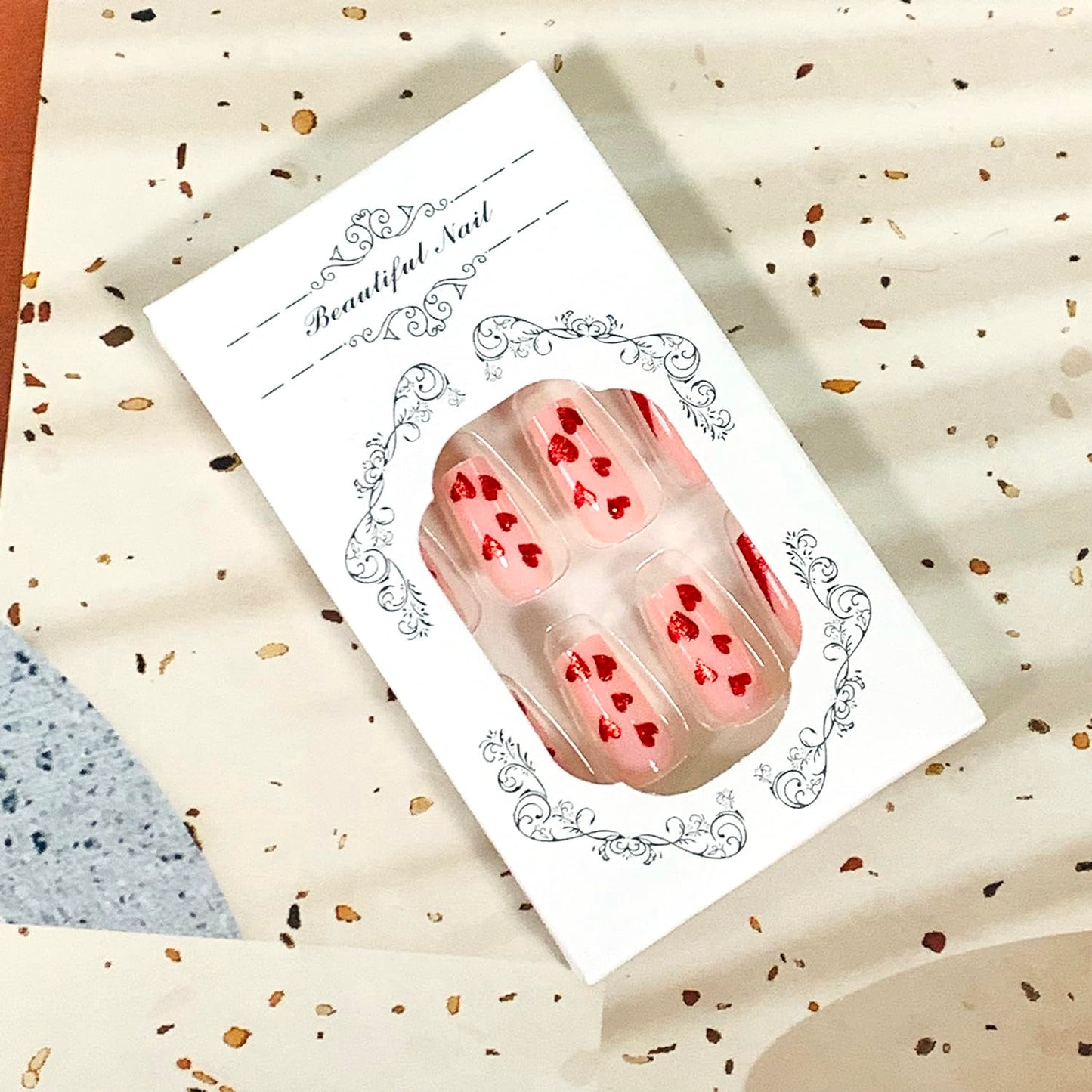 Red Heart French Tip Square Medium Press on Nails 24Pcs Glossy Full Cover Artificial Fake Nails with Designs Acrylic Coffin False Nails Sets Women Glue Stick on Fingernails with Charm
