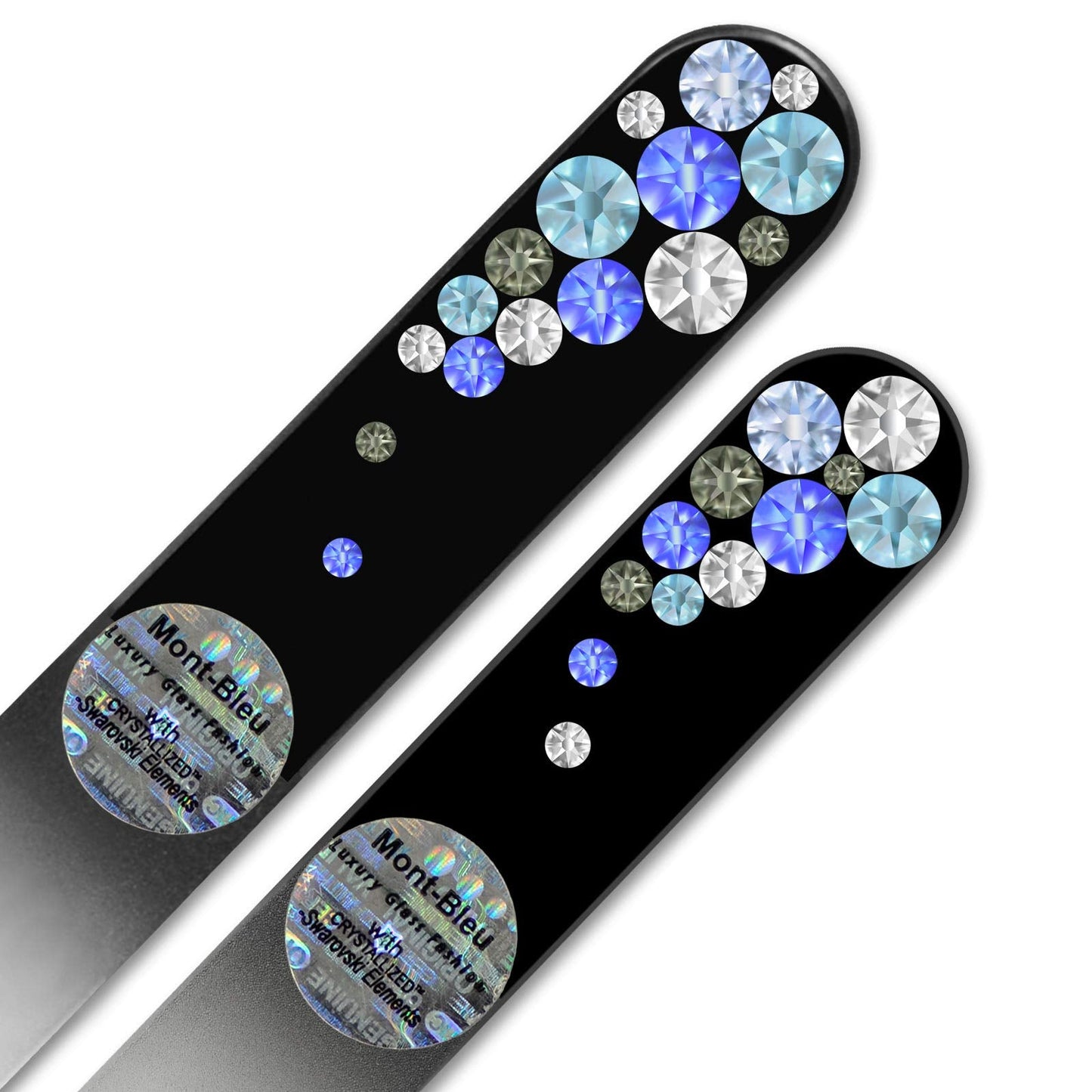 Mont Bleu Premium Set of 2 Glass Nail Files Hand Decorated with Crystals - in Black Velvet Sleeve - Genuine Czech Tempered Glass - Mothers Day Gifts - Fingernail File for Natural Nails