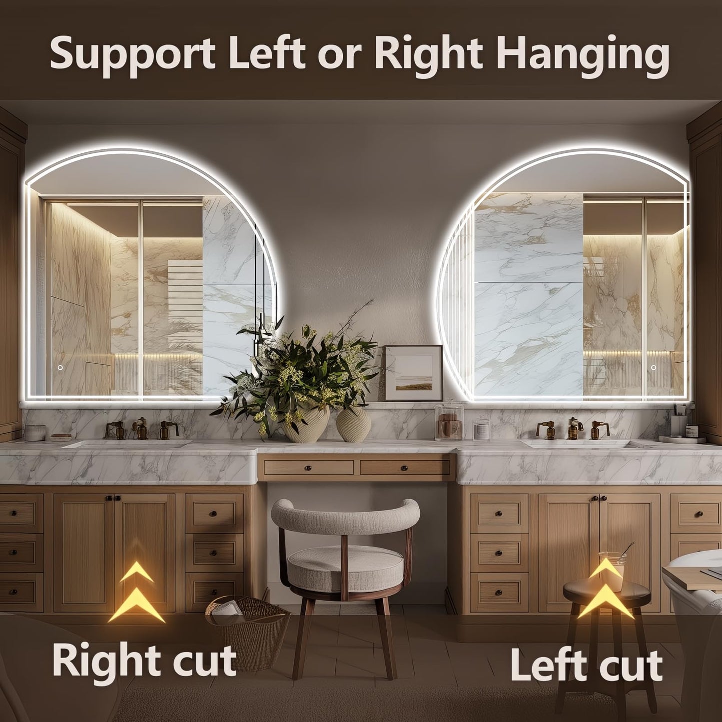 Niccy 44" Half Moon LED Mirror for Bathroom, Backlit/Front Lighted, Irregular 1/4 Round Lighted Mirrors with Bedroom Wall-Mirror, Frameless-Mirror for Entryway, Anti-Fog, Dimmable, Makeup-Mirror