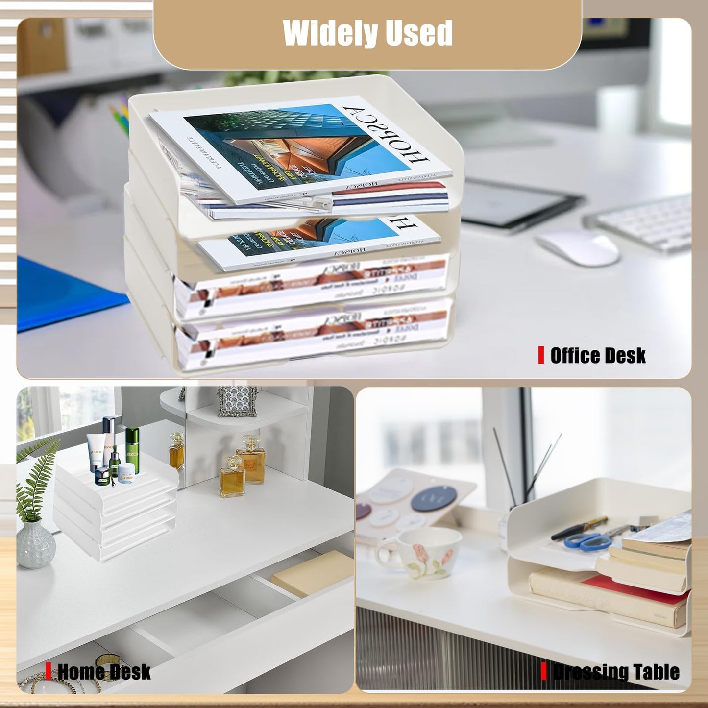 4 Tier Desk Organizer, Stackable Paper Tray Organizer for Document, Letter, A4 File Paper, Desk Accessories, Notes, Pens (White, 4 Pack)