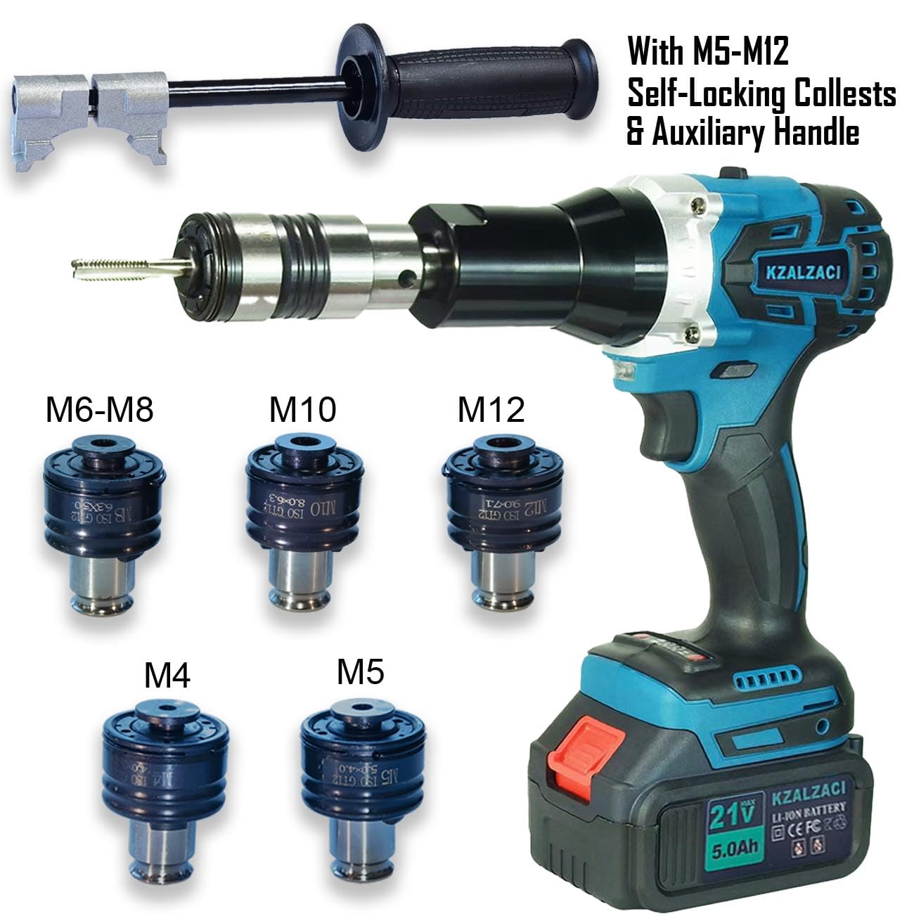 Cordless Tapping Gun Battery Operated Threading Machine, Electric Tapper Handheld Drilling Threading Gun with ANSI Collets for M4-M12 Taps, Protective Chucks, Automatic, Portable with 5.0Ah Battery