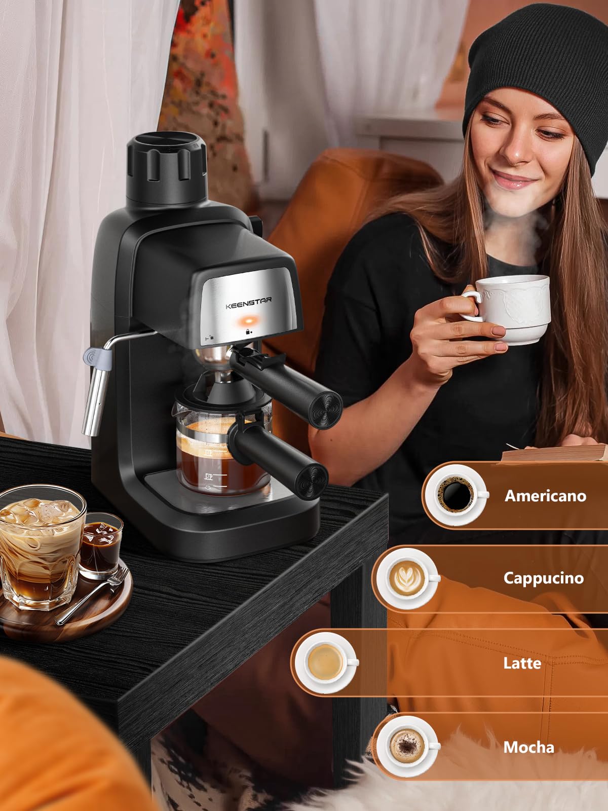 KEENSTAR 3.5Bar Espresso Machine with Milk Frother, 800W Compact Espresso and Cappuccino Machine with Preheating Function, 4 Cup Espresso Maker for Cappuccino or Latte, Gift for Coffee Lover