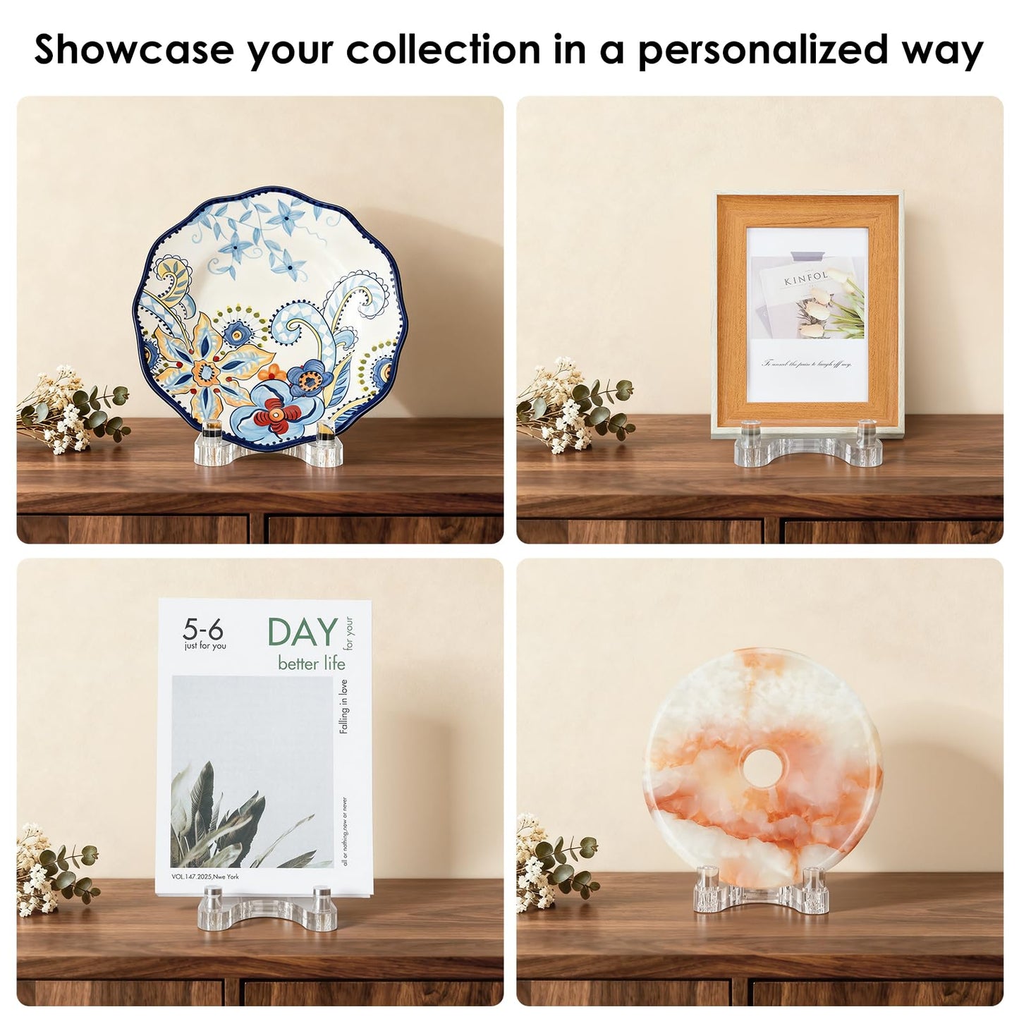 milldou Acrylic Easel Display,Plate Stand for Display,Adjustable Clear Display Holder for 7" to 12" Platter, Book, Card, Frame, Picture, Artwork, Plaque ( Large-1pc 7"-12")