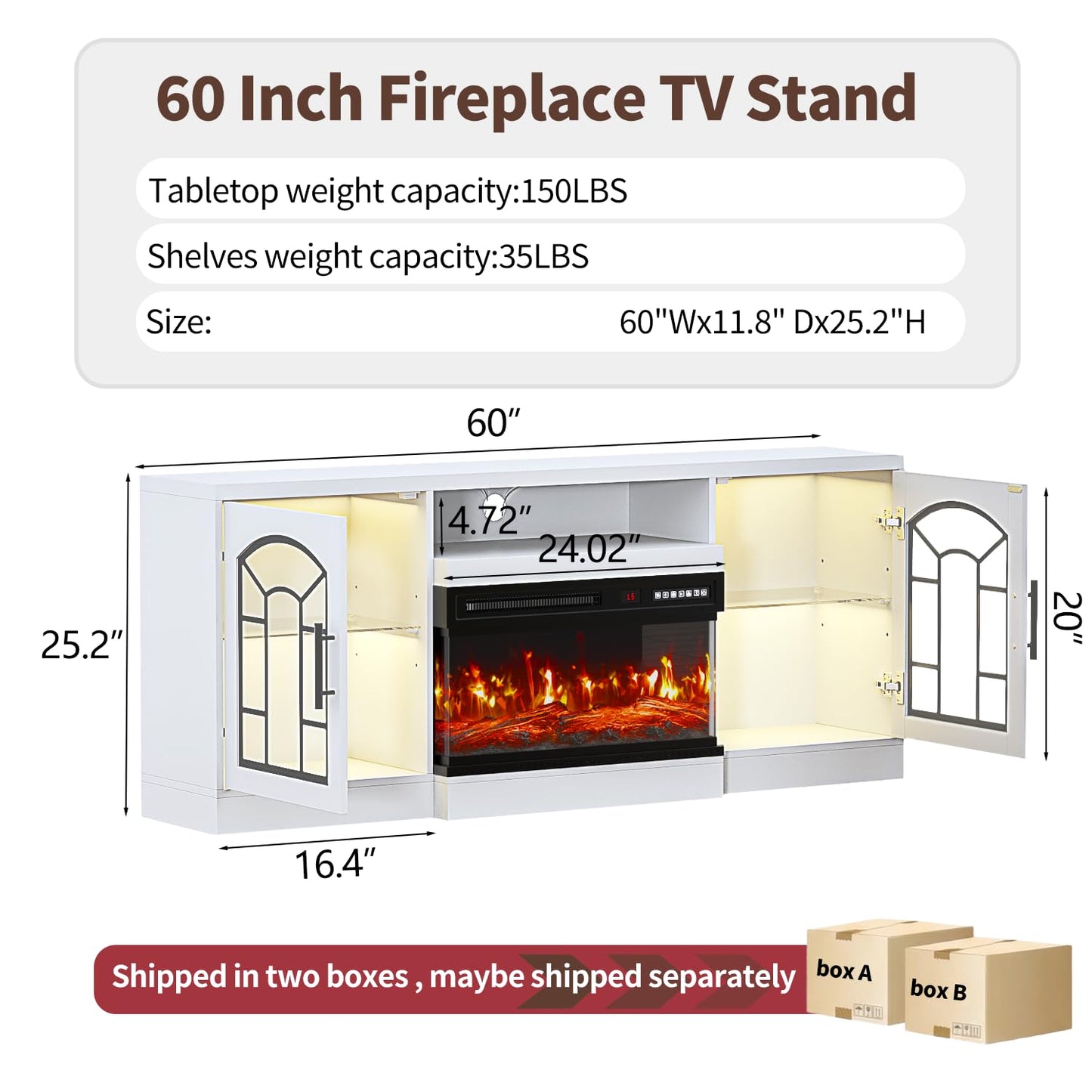 VITESSE 60'' Fireplace TV Stand,3 Sided Glass Media Entertainment Center Console Table for TVs up to 70'' with Storage Drawers & Cabinets with LED Flame and Lights for Living Room,White