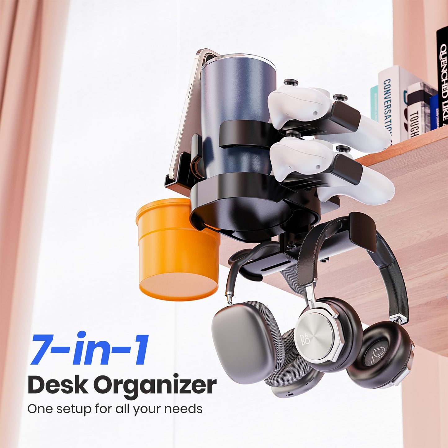 7-in-1 Desk Cup Holder - EURPMASK Organizer with Headphone, Controller Holder, Snack Bucket, and Phone Holder, Clamp-On Desk Accessory with Sturdy Large Storage, Easy to Install, Black