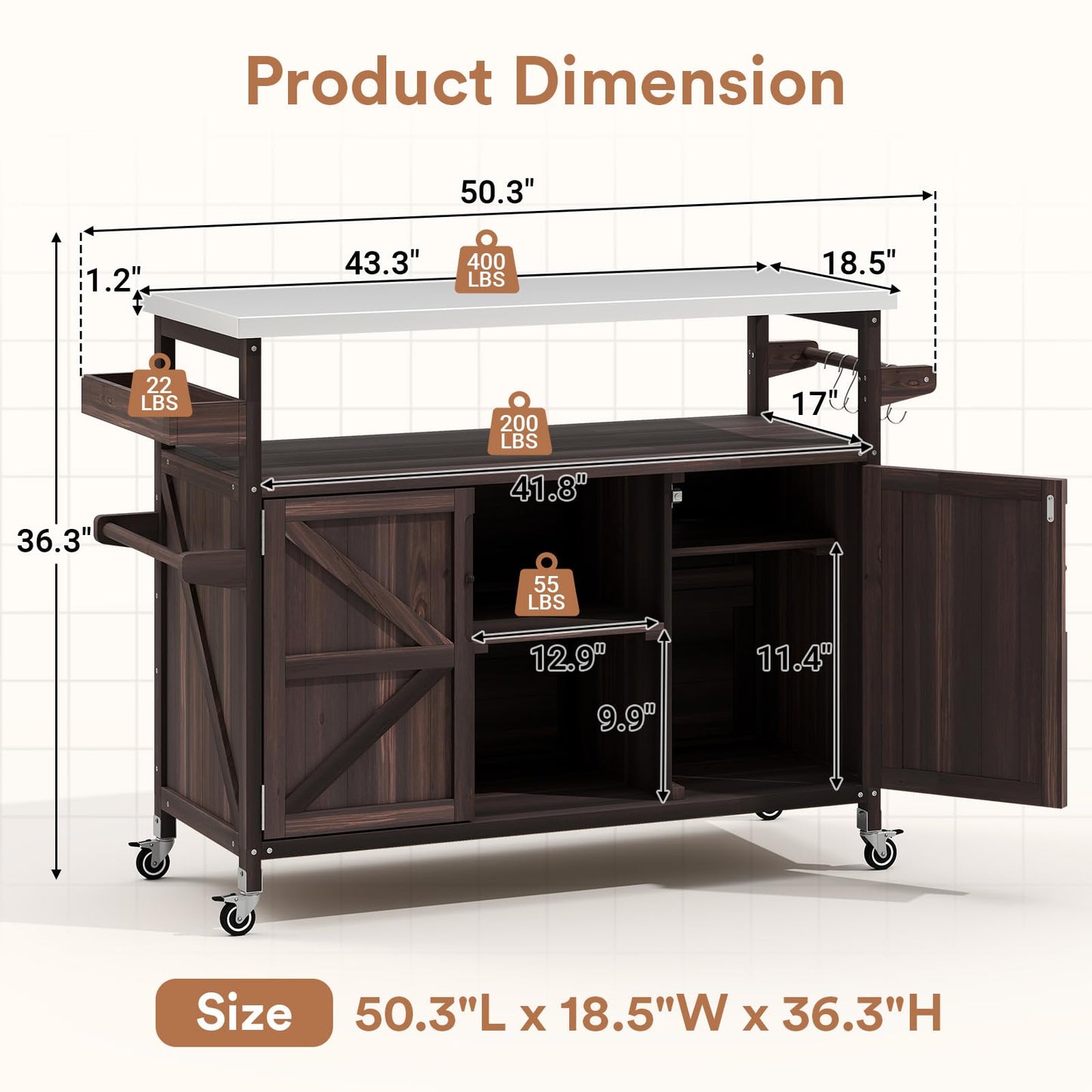 Zevemomo Outdoor Grill Cart with Storage, Stainless Steel Tabletop Outdoor Kitchen Island, Fir Wood Outdoor Buffet Cabinet with Lockable Wheels for Grilling, Dark Brown