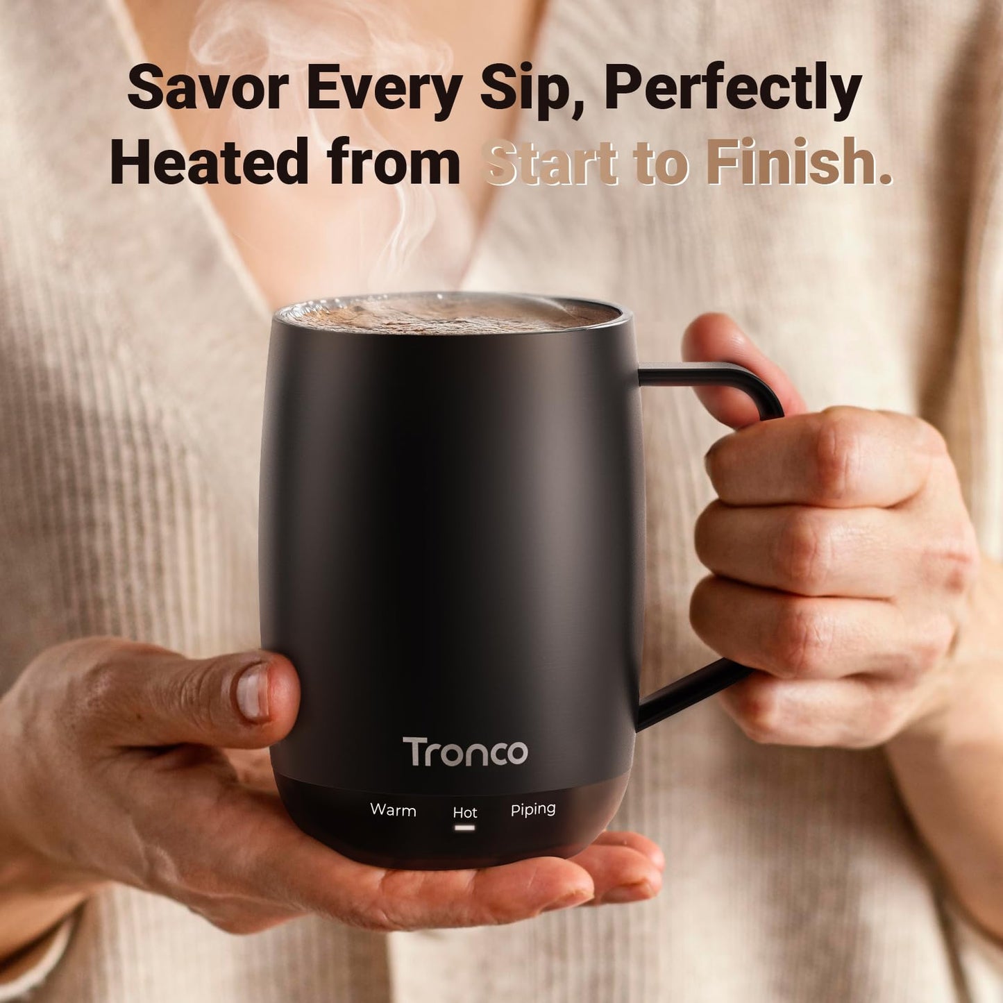 Tronco Temperature Control Heated Coffee Mug 14 oz – Rechargeable Self-Heating Coffee Cup with Lid – Manual Control, 3 Modes, 130 Min Battery Life, Auto Shut-Off (Rose)