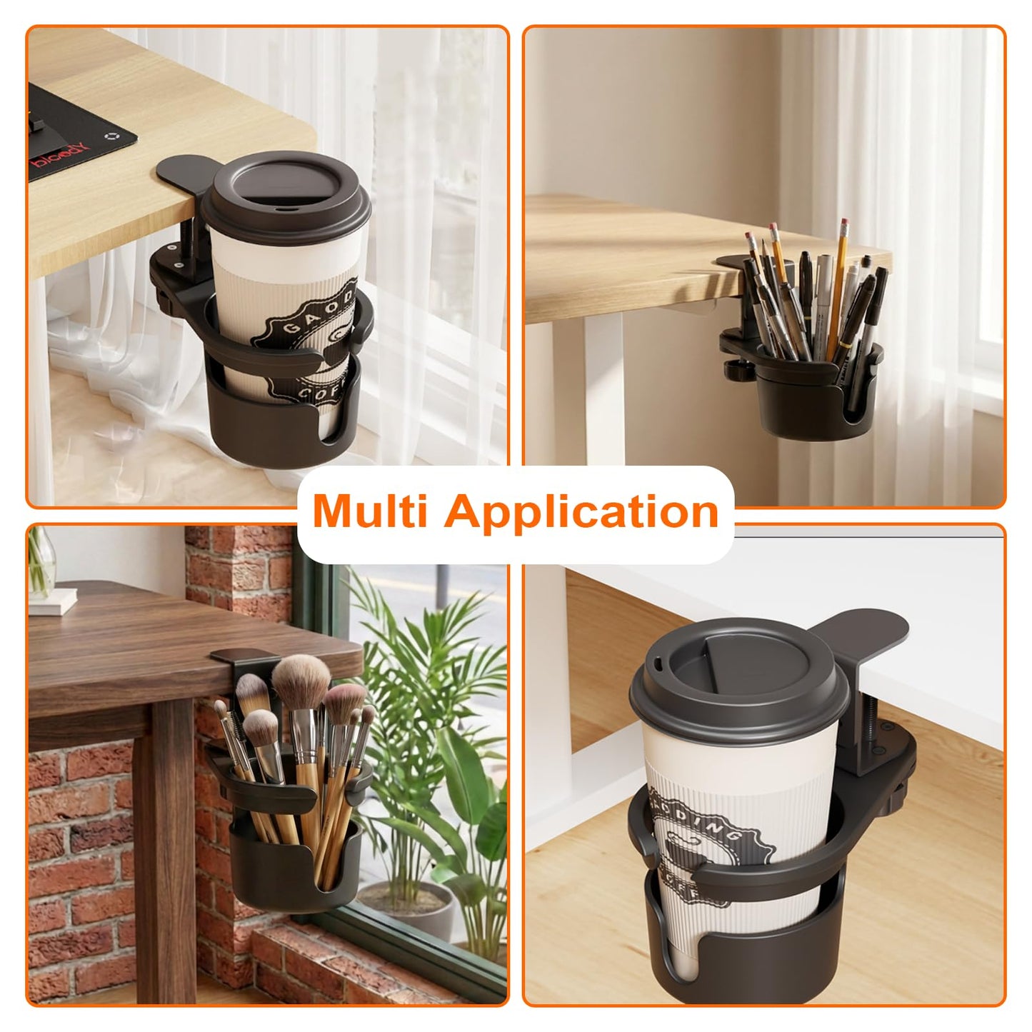 Desk Cup Holder Clamp with 360° Rotation,Anti-Spill Clip On Table Cup Holder, 1 Cord Organizer, Rotatable Water Bottle Stand Drink Coffee Mug Storage, Office Accessories for Home and School (Black)
