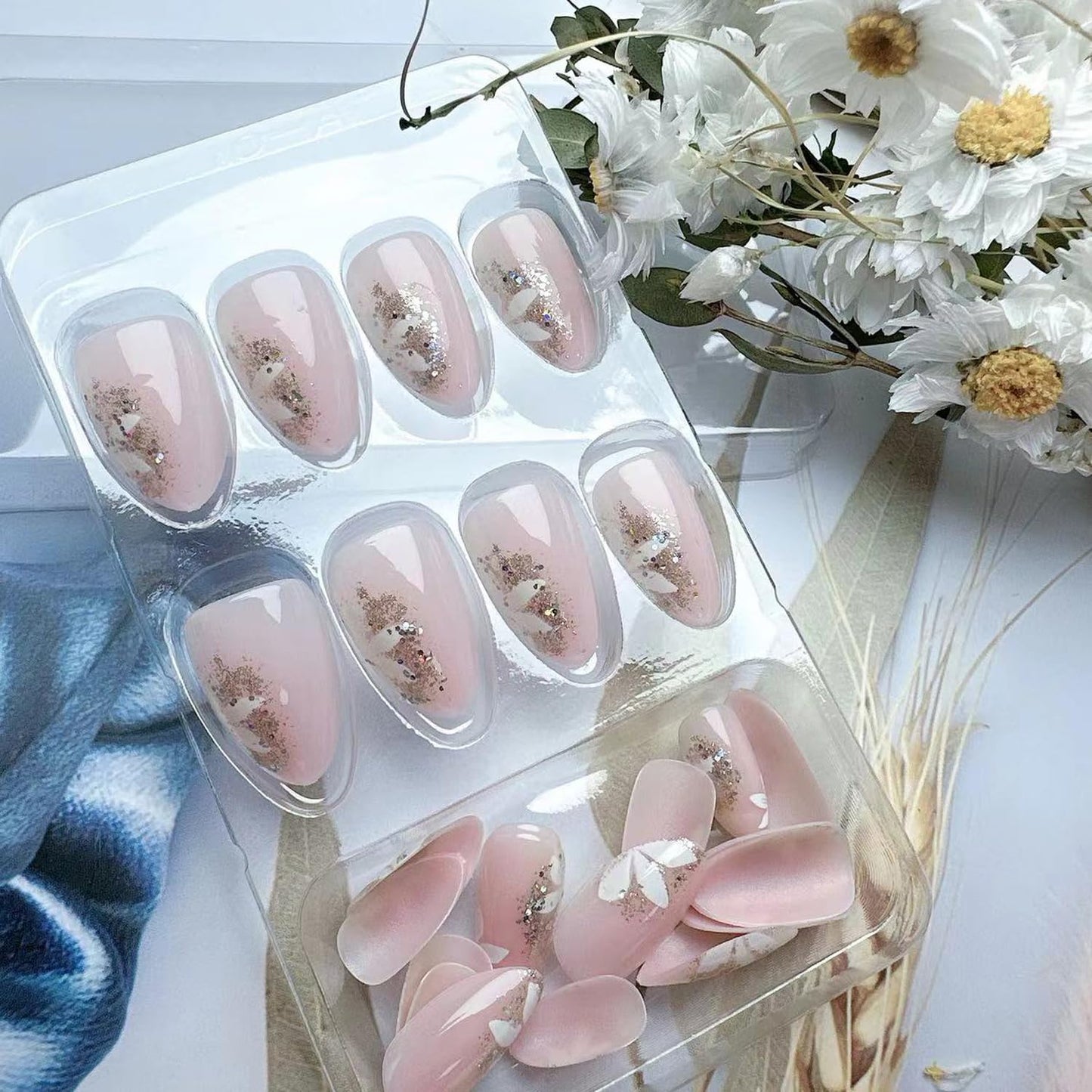 Glitter Pink Press on Nails with Flower Designs, Cute Pink Fake Nails Short Shaped French Tip Nude Acrylic Nails Gloss False Nails Reusable Glue on Nails for Women Girls 24Pcs