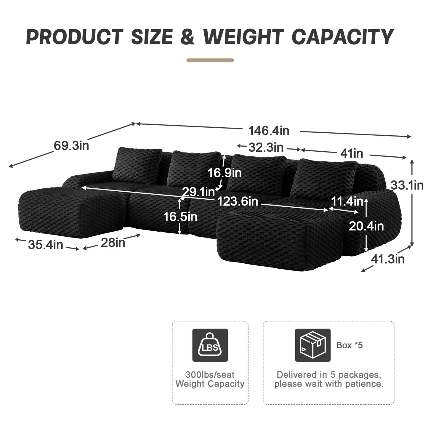 KEIKI Modular Sectional Sofa for Living Room, No Assembly Boneless Couch with Deep Seat Comfort, Oversized Modular Sofa Configuration for Group Comfort