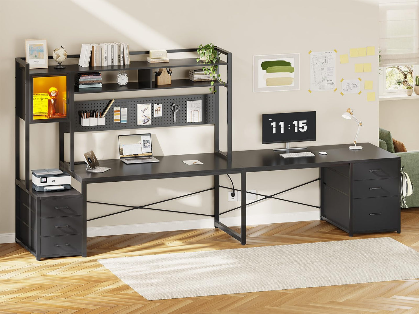 SEDETA L Shaped Gaming Desk with Drawers, Reversible Computer Corner Desk with File Drawer, Hutch, Storage Shelves for Home Office, Gaming Two Person Desk with Led Lights, Power Outlet, Black
