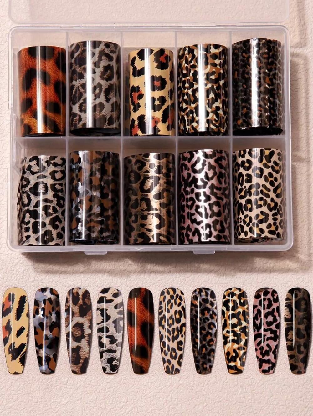 Leopard Print Nail Art Foils Transfer Stickers 10Pcs Leopard Snake Print Nail Foils Adhesive Decals Nail Supplies Laser Starry Sky Paper Manicure Accessories for Women Fall Nail Art Decorations