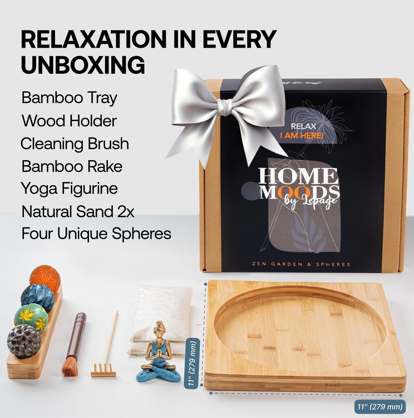 Home Moods Zen Garden for Desk - 11" Bamboo Sand Tray Therapy Kit | Meditation Gift | Sensory-Based Wellness Tool for Mindfulness & Emotional Support | Zen Decor
