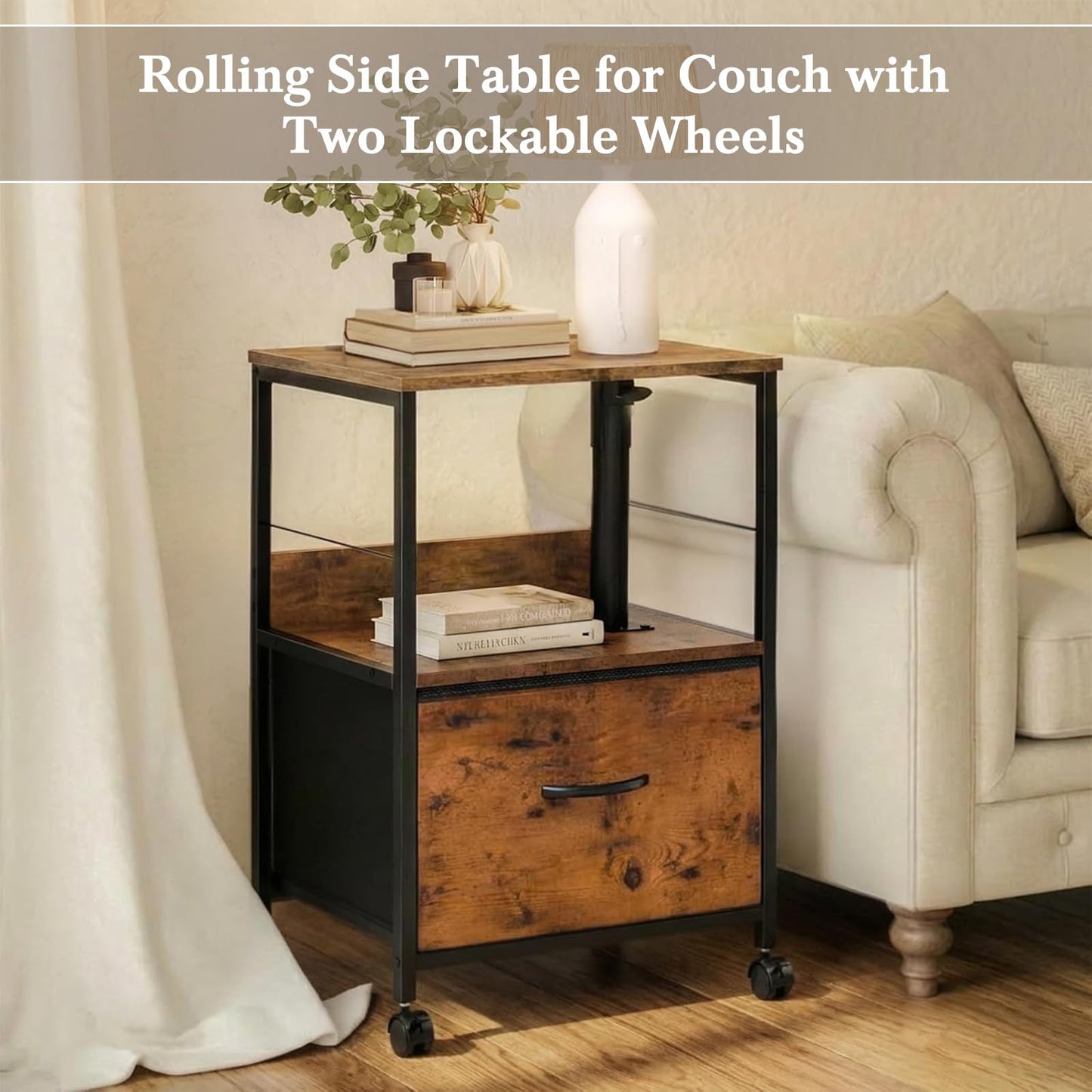 Faesun Swivel Lift Top Nightstand, Rolling Side Table for Recliner, Bedside Table with Wheels & a Fabric Drawer, for Small Spaces, for Bedroom, Living Room, Brown