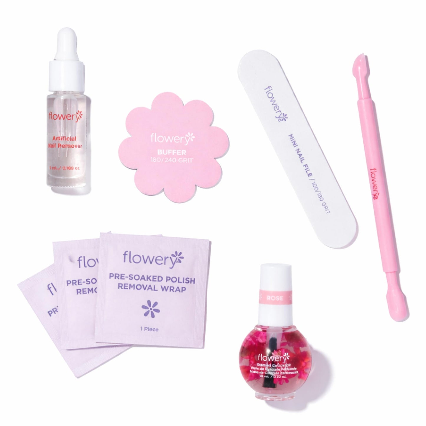 Flowery Pro Artificial Nail Removal Kit – Gel Nail Polish Remover Kit with Rose Cuticle Oil, Buffer, Mini Files, & Pre-Soaked Polish Wraps, DIY Manicure Set