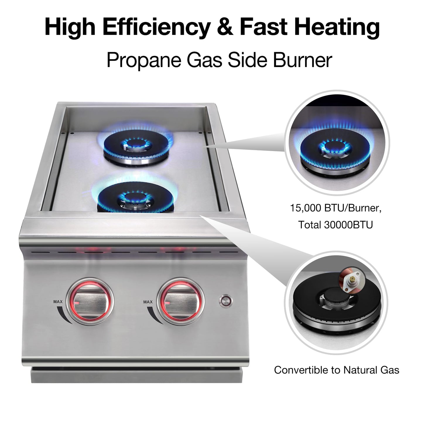 Livory Double Grilling Side Burners for Outdoor Kitchen, 2 * 15,000BTU Liquid Propane Burners, Duty Heavy 304 Stainless Steel, Built-in Side Burner for BBQ Island Grill, with Natural Gas Kit