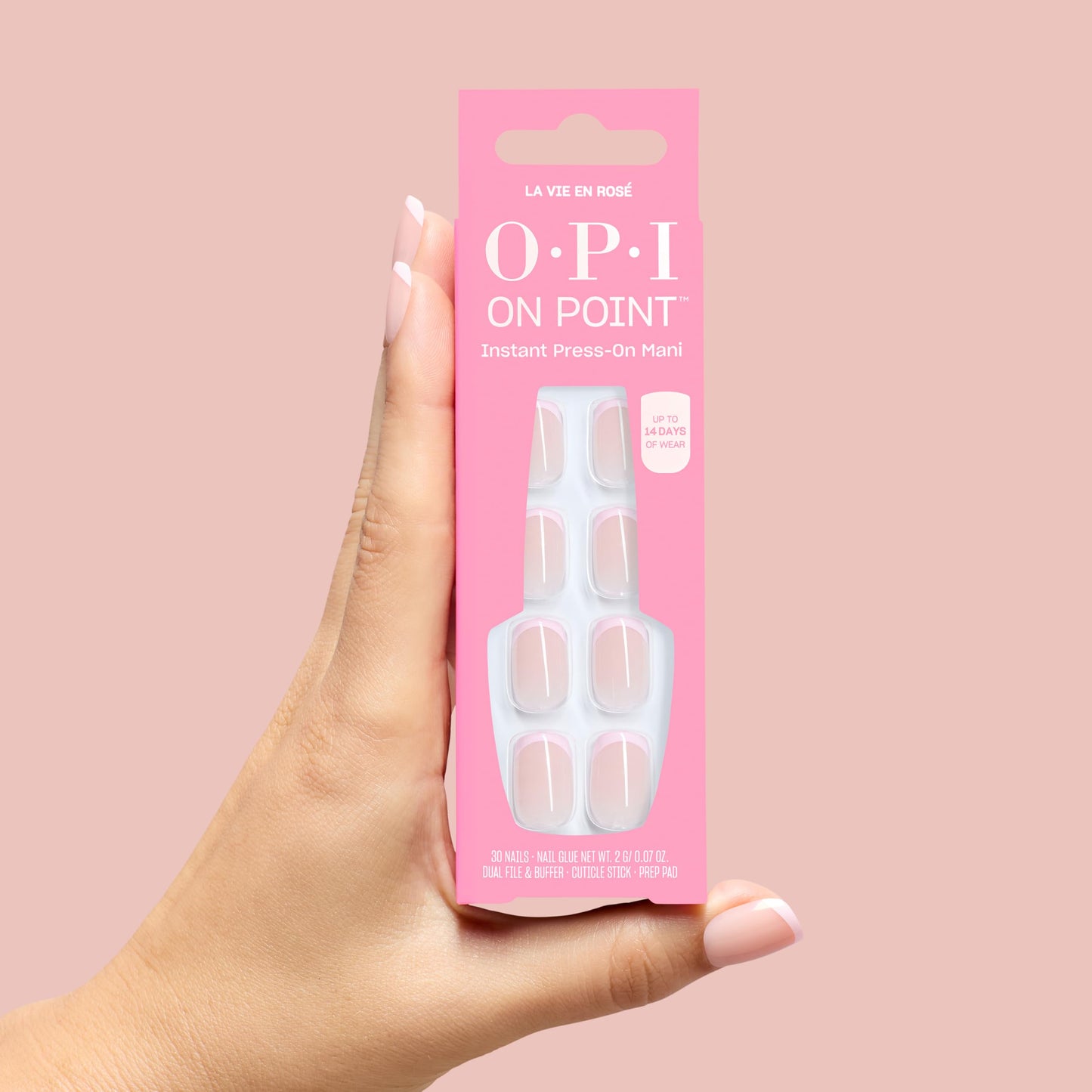 OPI On Point La Vie en Rosé | Short Squoval Opaque Neutral Pink French Tip Nail Art Press On Nails | 30 Count with Glue | Long Lasting, Reusable, Non-damaging | Spring 2026 Shades