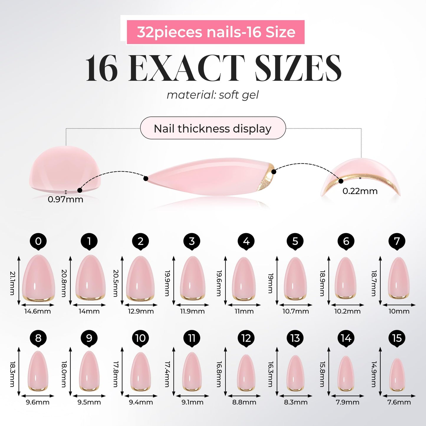 UNA GELLA 32Pcs Soft Gel Press on Nails - 16 Sizes Gold Rim Nude Pink Almond Glue on Nails, Reusable Elegant French False Nails, Full Cover Acrylic Nail Kit for Women DIY Home Manicure
