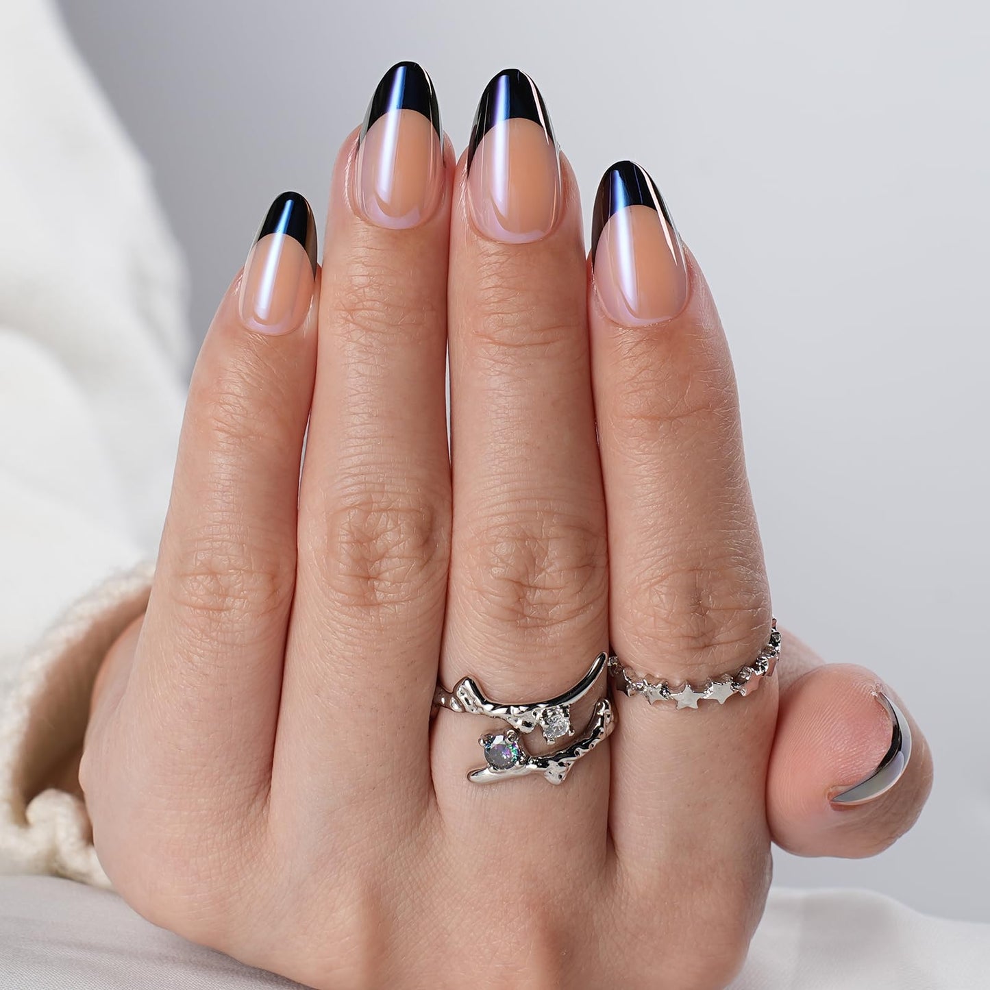 Chrome French Tip Press On Nails, Short Almond Glossy Blue Mirror Fake Nails, Reusable Nail Set with Glue for Women, 32pcs in 16 Sizes, Great for Everyday Wear