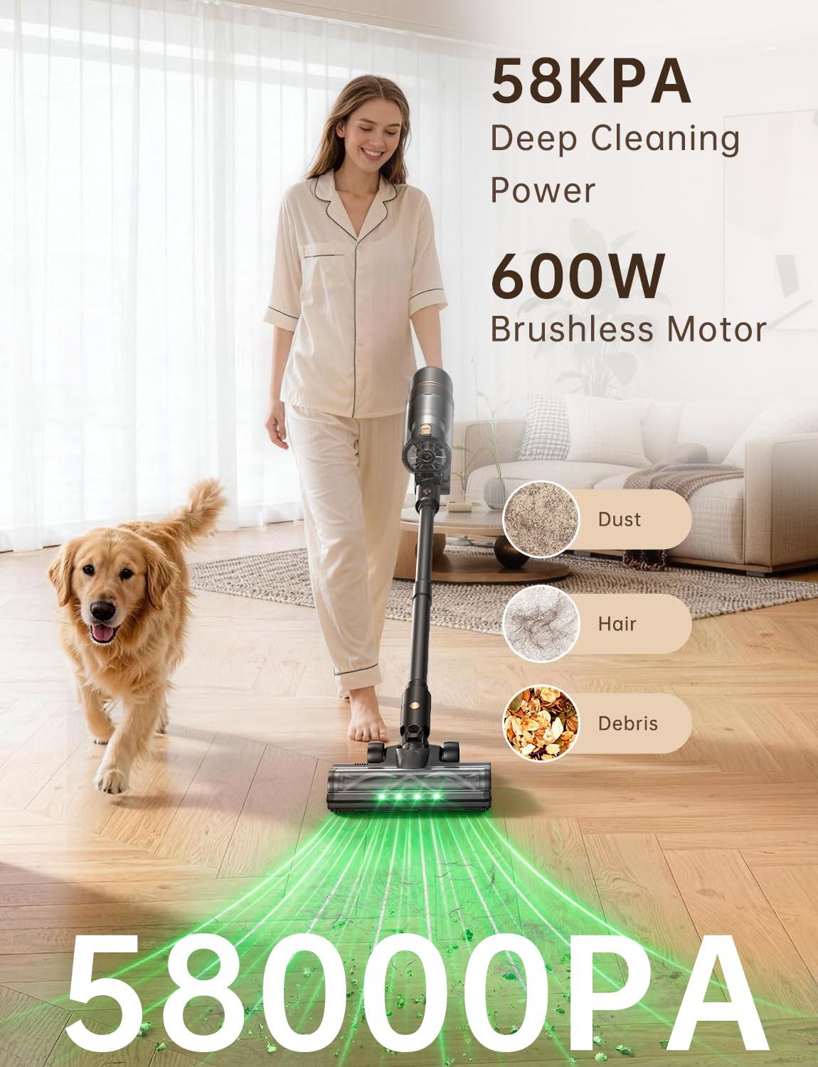 OXVAC Cordless Vacuum Cleaner 600W/58000Pa, 65-Minute Run Time Cordless Stick Vacuum with Self-Cleaning Filtration System, Freestanding, Tangle-Free, Suitable for Carpets/Floors/Pet Hair