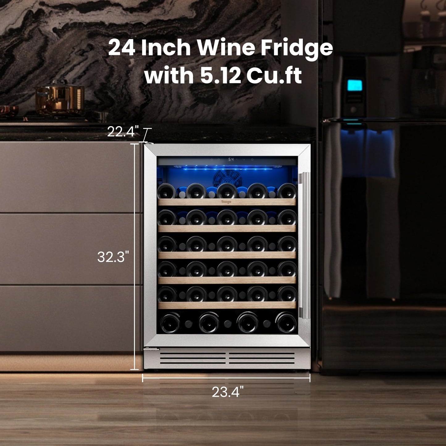 Yeego 24 Inch Wine Fridge Cooler - 52 Bottles Wine Cooler with Glass Door, 40-65℉ Built-In or Freestanding Refrigerator, Under Counter Wine Fridge for Kitchen Bar Office (Left-Hinged)